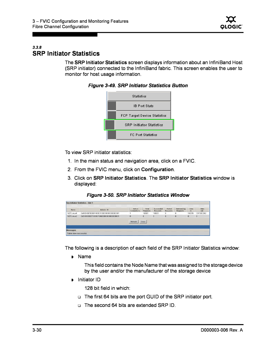 Q-Logic 9000 manual 49. SRP Initiator Statistics Button, 50. SRP Initiator Statistics Window 