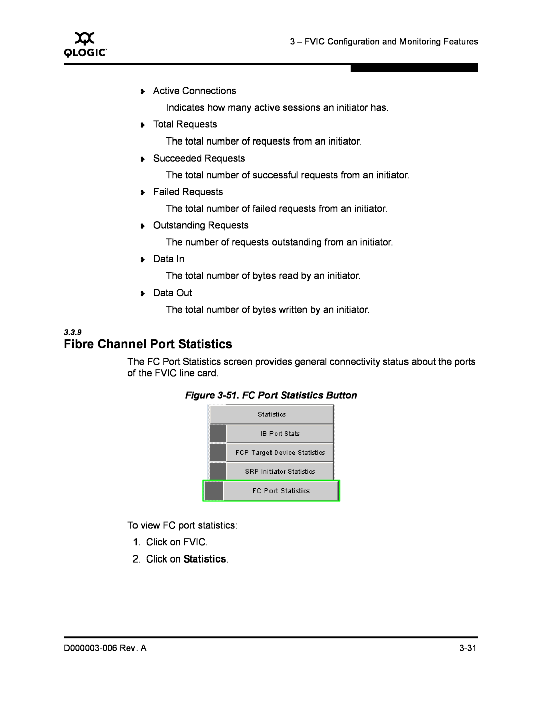 Q-Logic 9000 manual Fibre Channel Port Statistics, 51. FC Port Statistics Button 