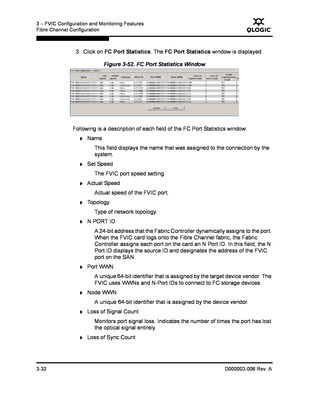 Q-Logic 9000 manual 52. FC Port Statistics Window 