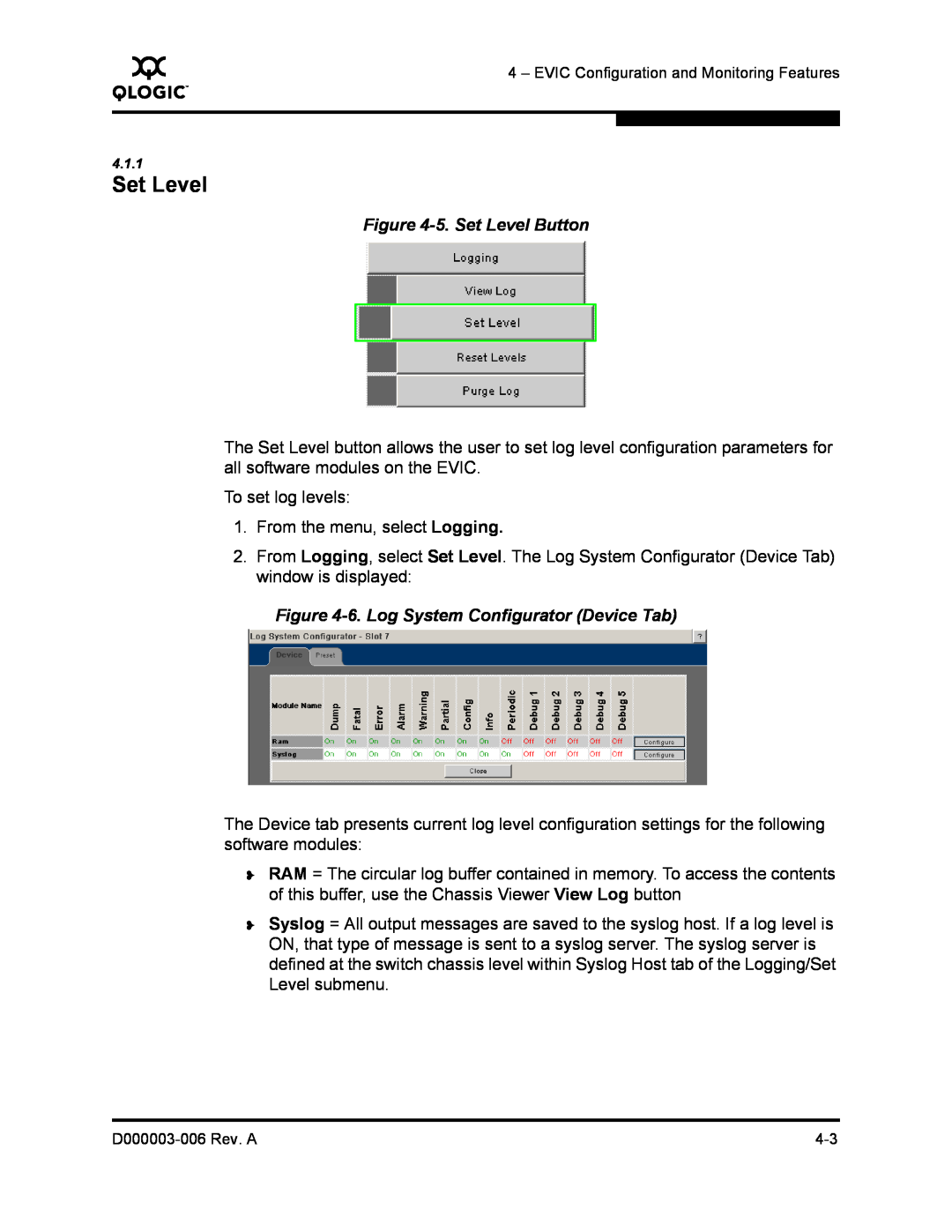 Q-Logic 9000 manual 5. Set Level Button, 6. Log System Configurator Device Tab 