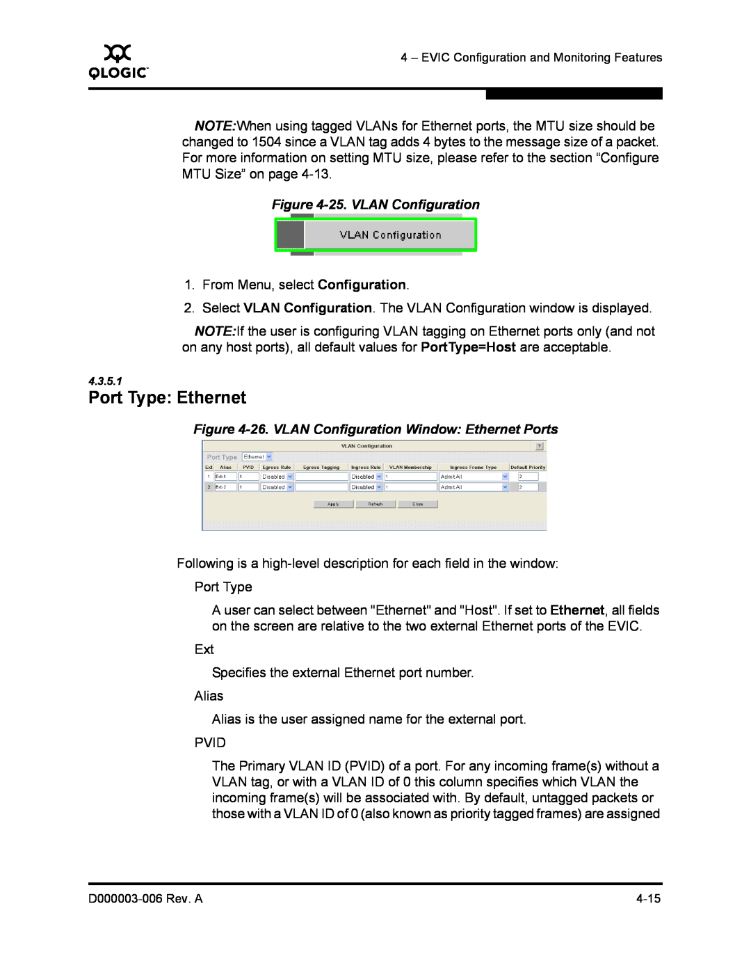 Q-Logic 9000 manual Port Type Ethernet, 25. VLAN Configuration, 26. VLAN Configuration Window Ethernet Ports 