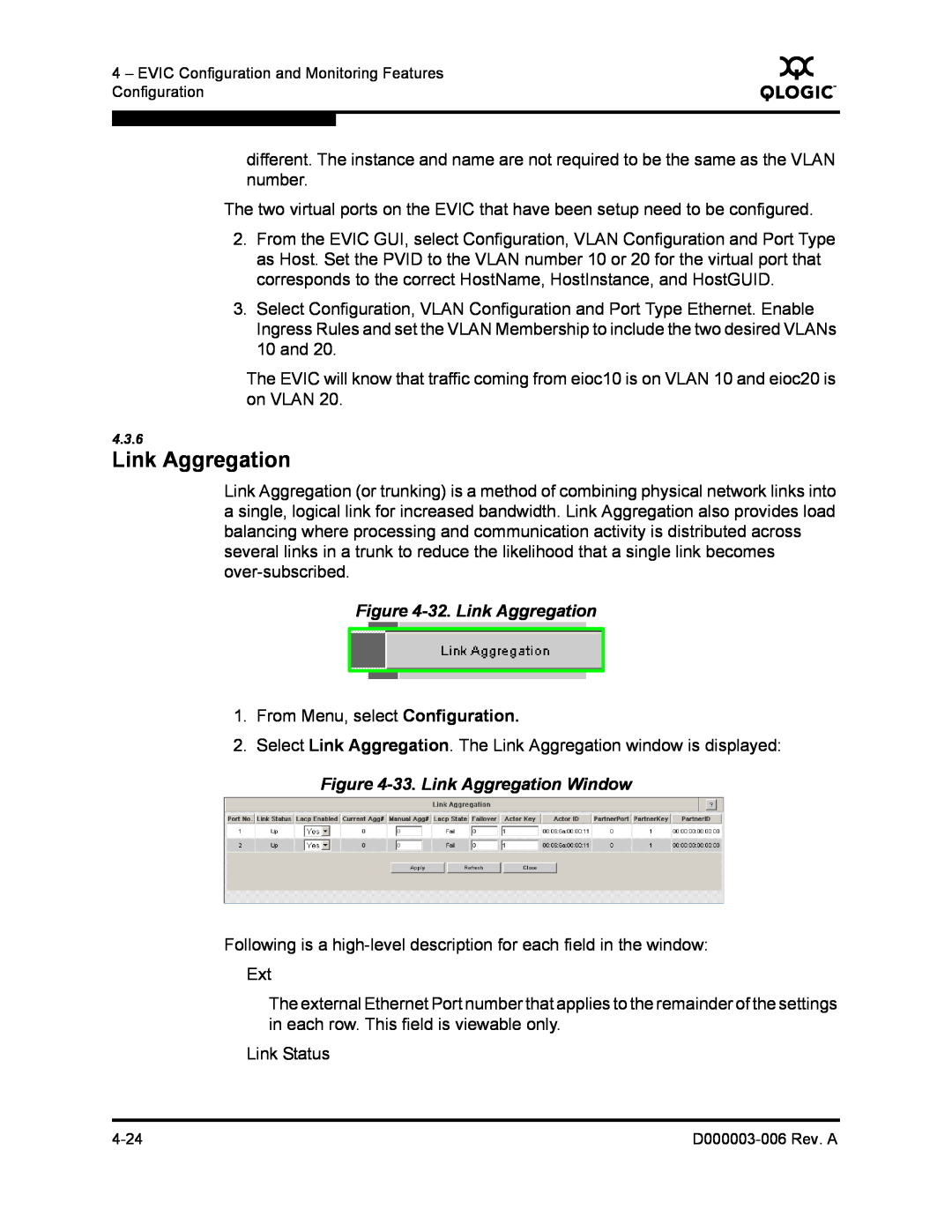 Q-Logic 9000 manual 32. Link Aggregation, 33. Link Aggregation Window 