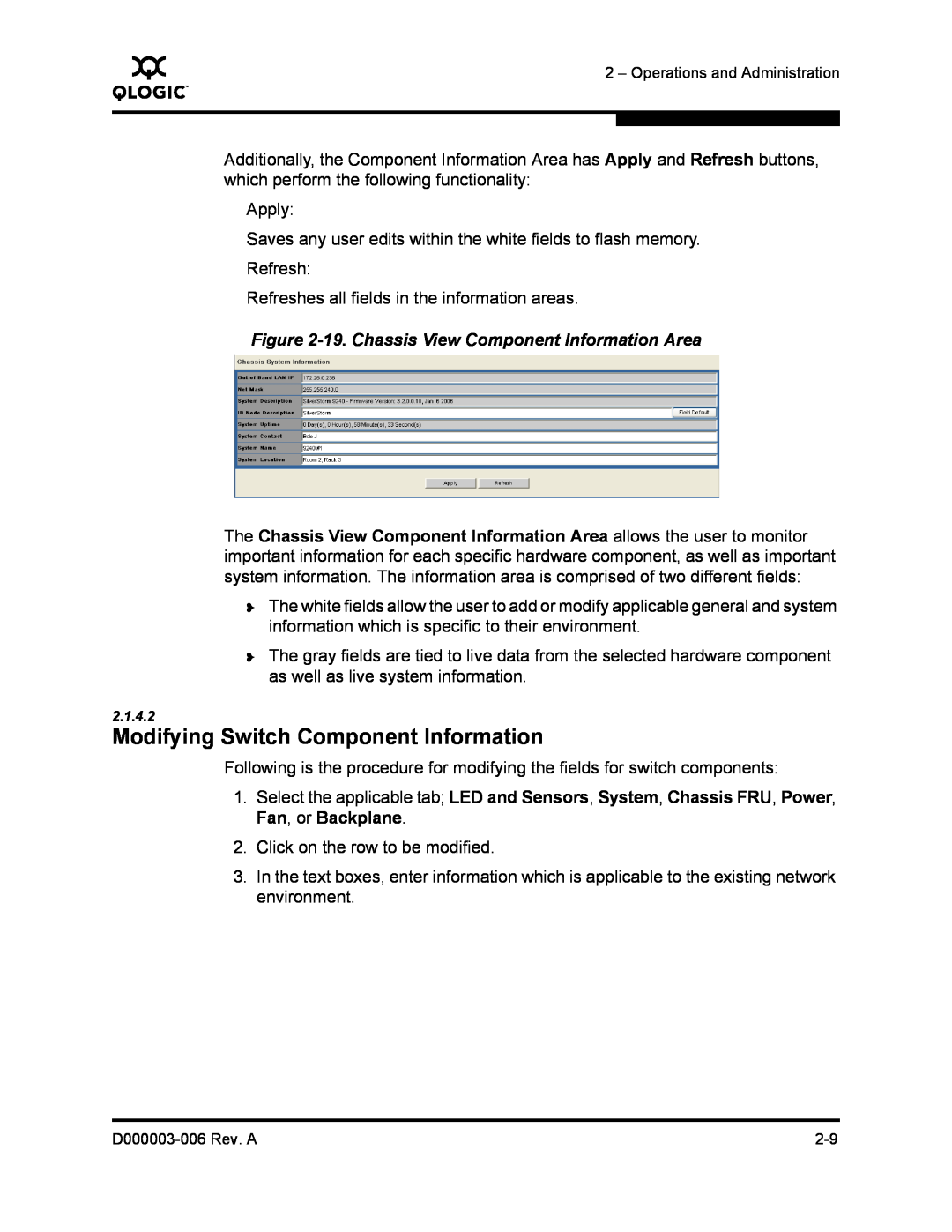 Q-Logic 9000 manual Modifying Switch Component Information, 19. Chassis View Component Information Area 