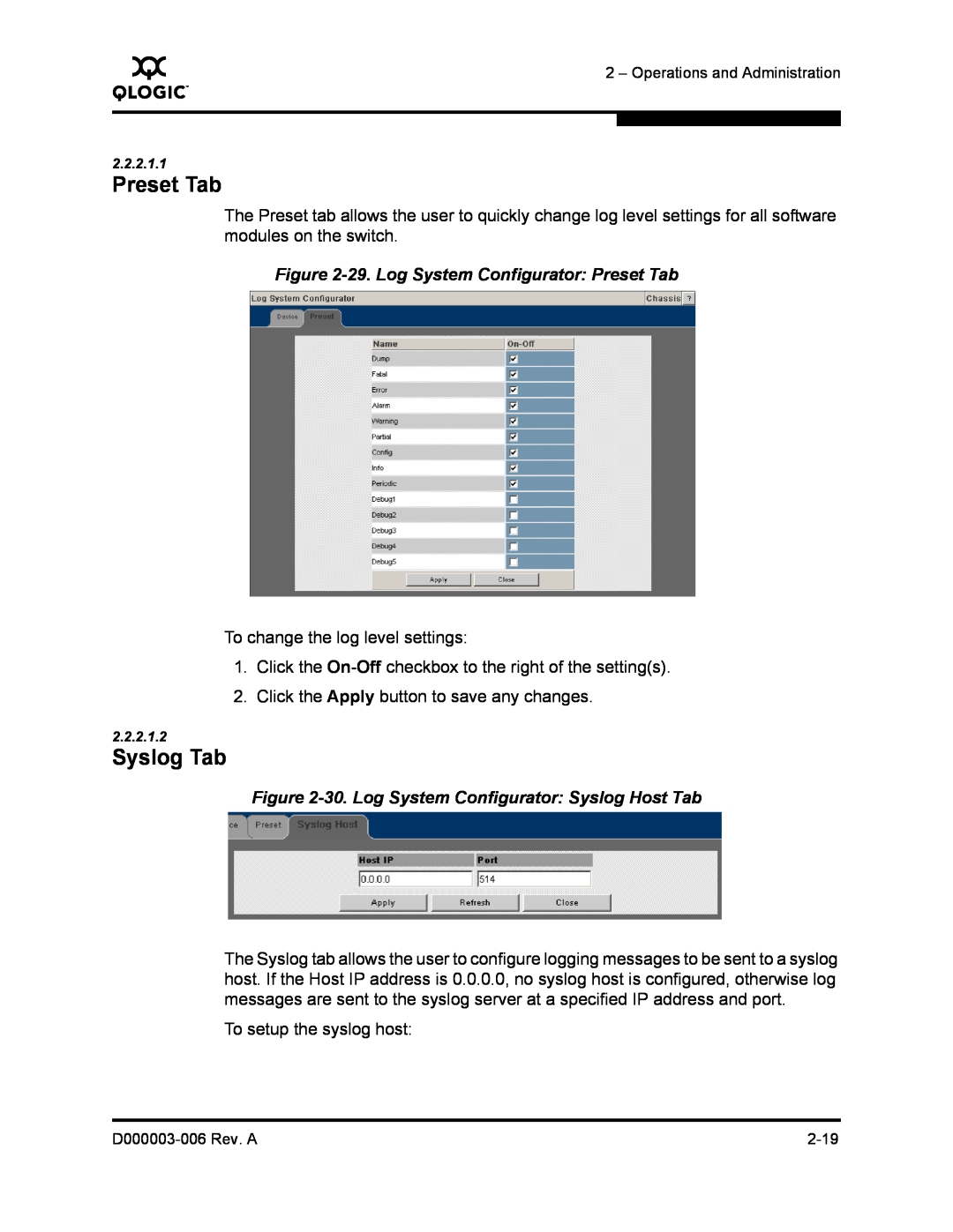 Q-Logic 9000 manual Syslog Tab, 29. Log System Configurator Preset Tab, 30. Log System Configurator Syslog Host Tab 