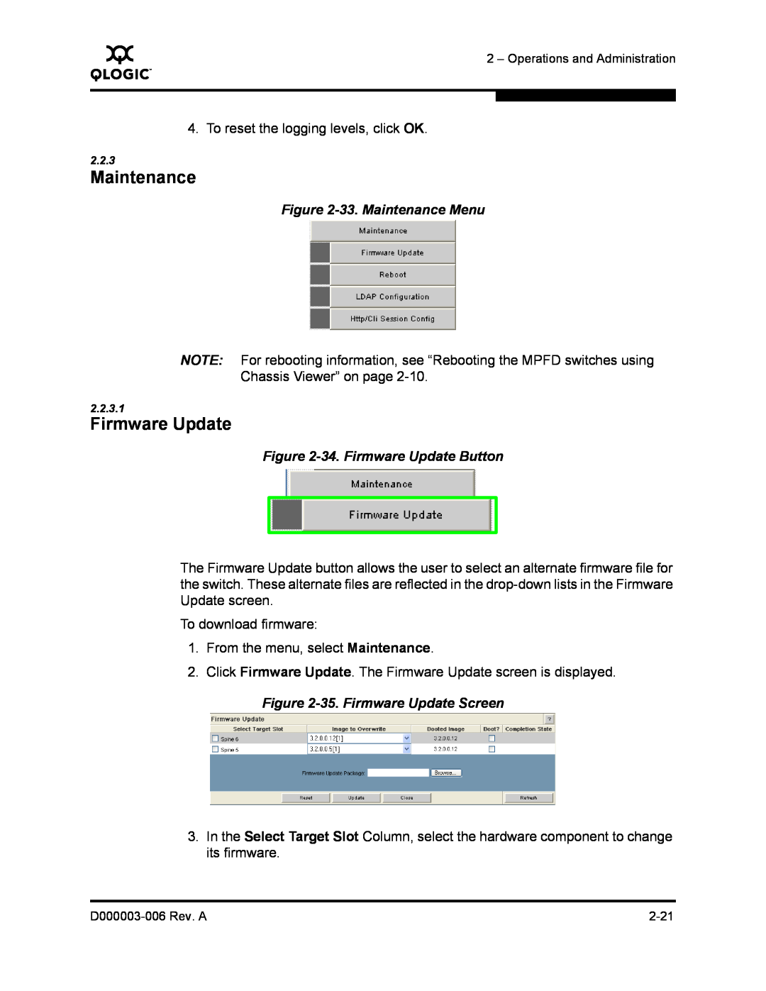 Q-Logic 9000 manual 33. Maintenance Menu, 34. Firmware Update Button, 35. Firmware Update Screen 