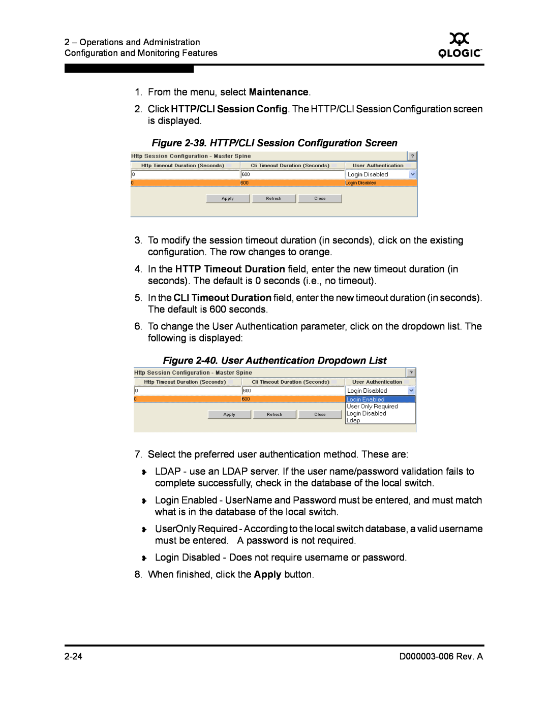 Q-Logic 9000 manual 39. HTTP/CLI Session Configuration Screen, 40. User Authentication Dropdown List 