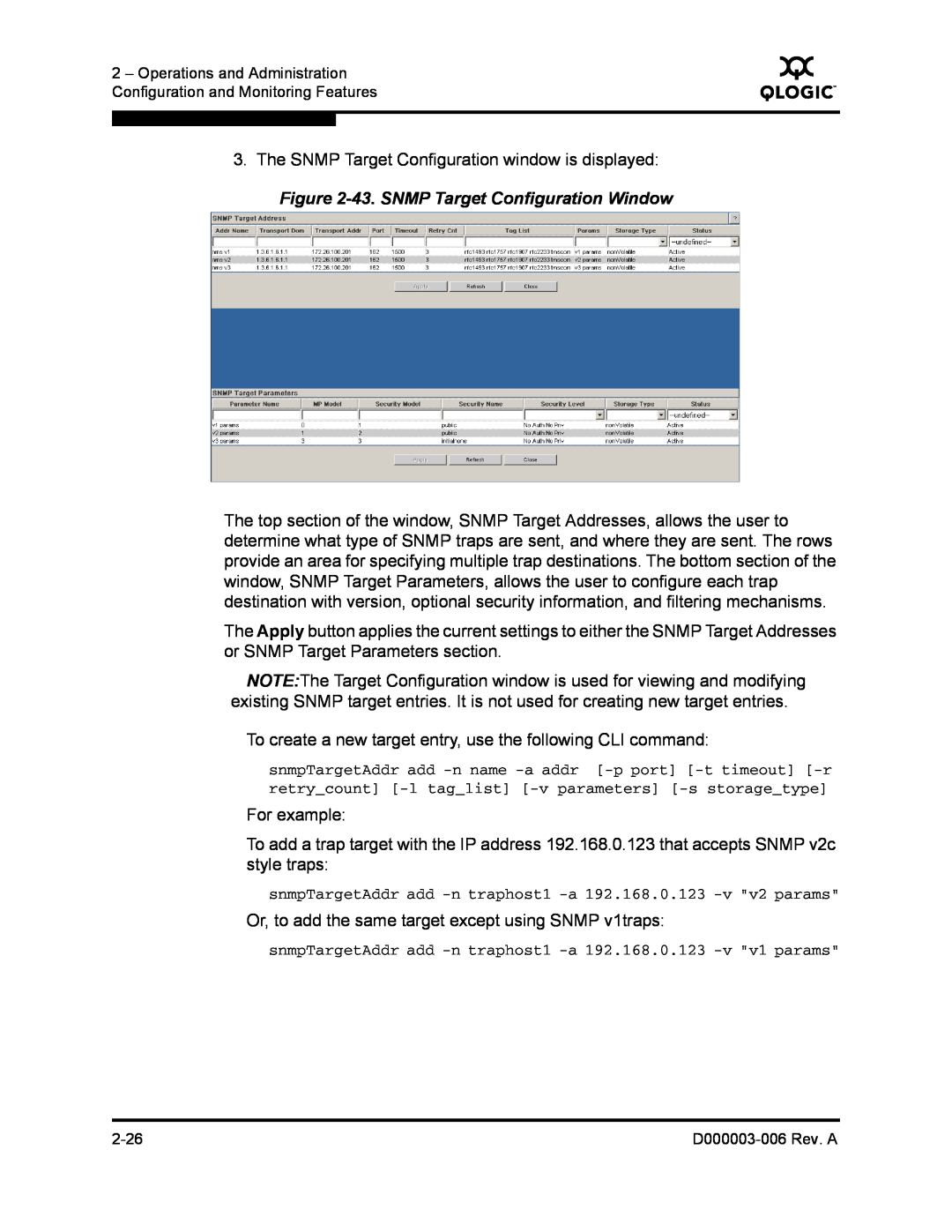 Q-Logic 9000 manual 43. SNMP Target Configuration Window 