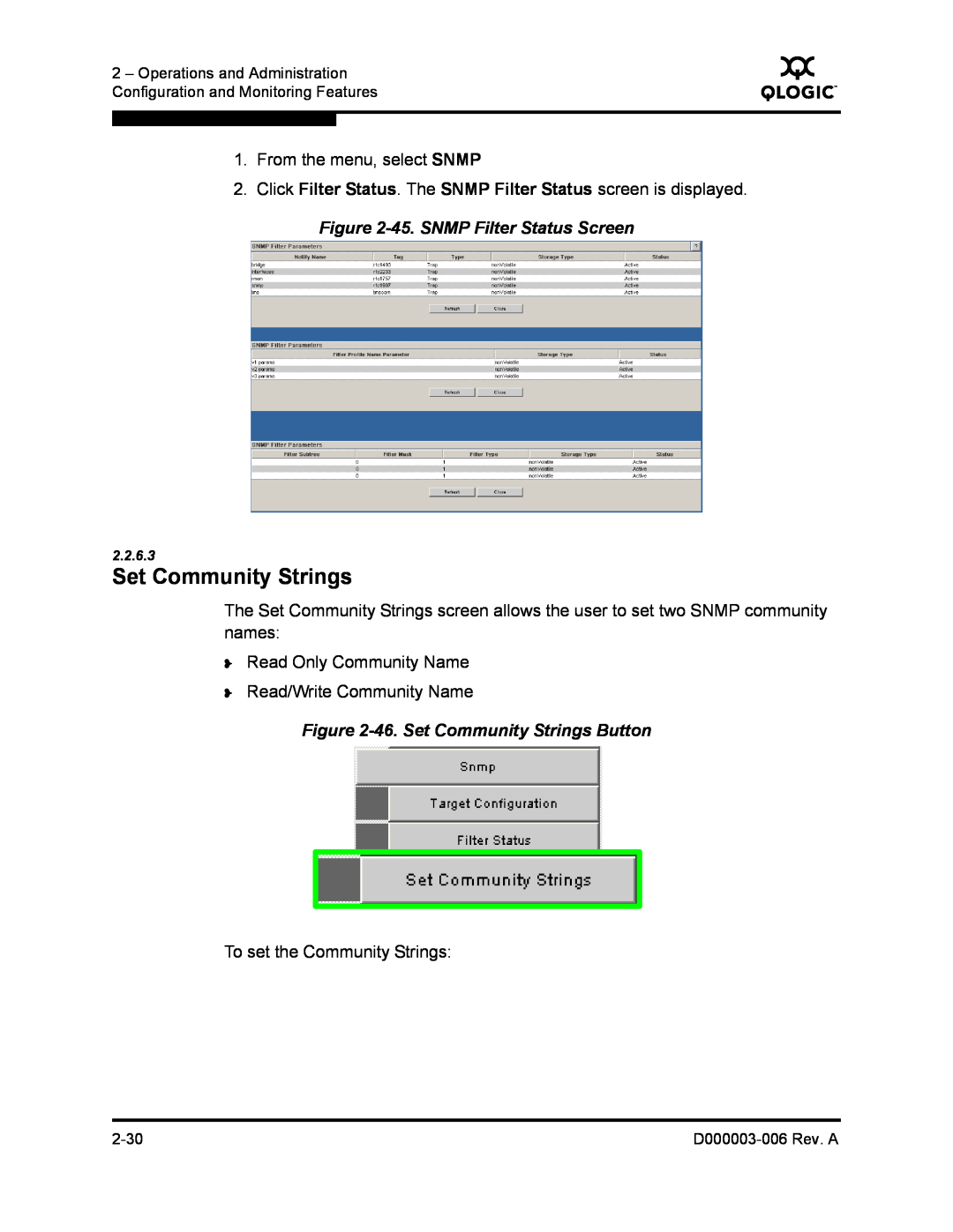 Q-Logic 9000 manual 45. SNMP Filter Status Screen, 46. Set Community Strings Button 
