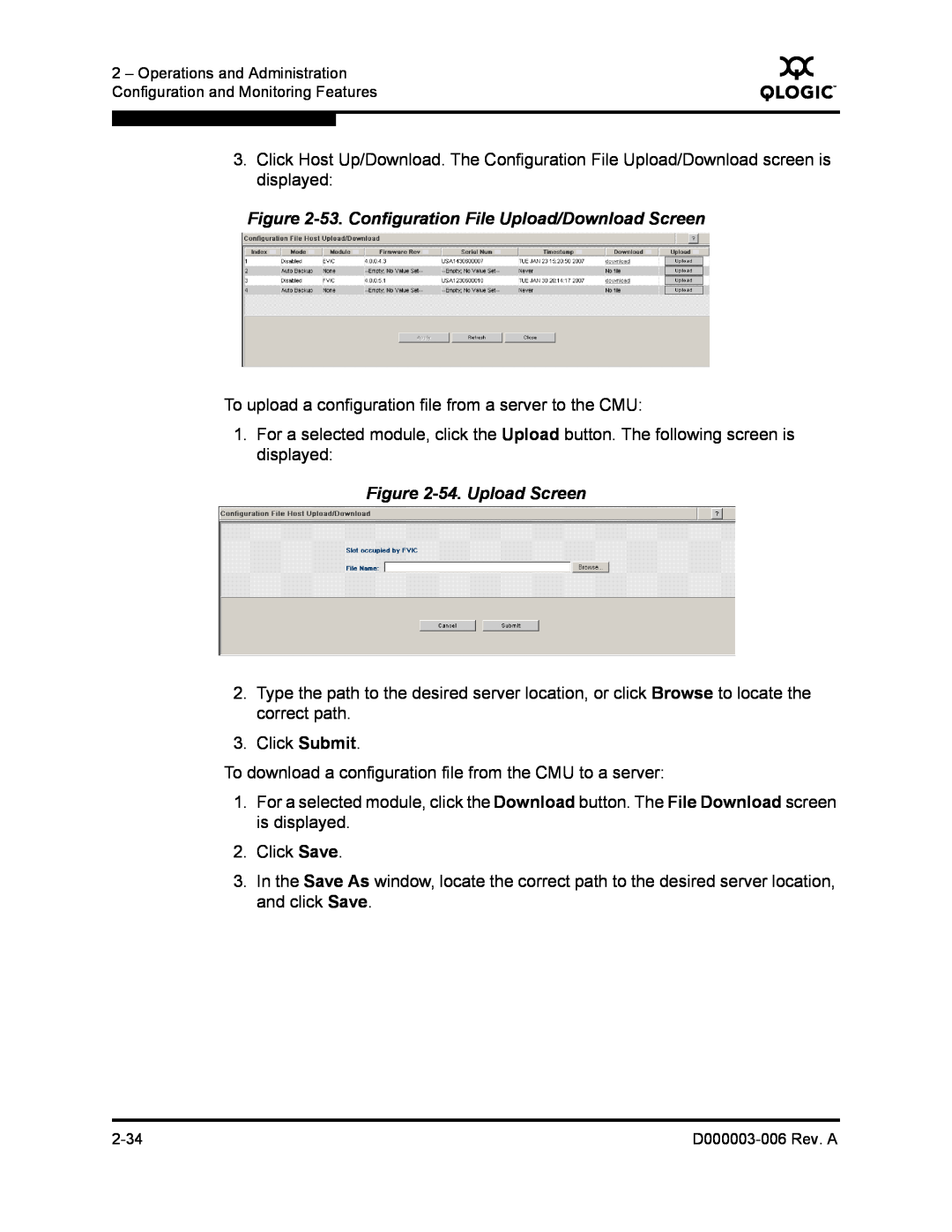 Q-Logic 9000 manual 53. Configuration File Upload/Download Screen, 54. Upload Screen 
