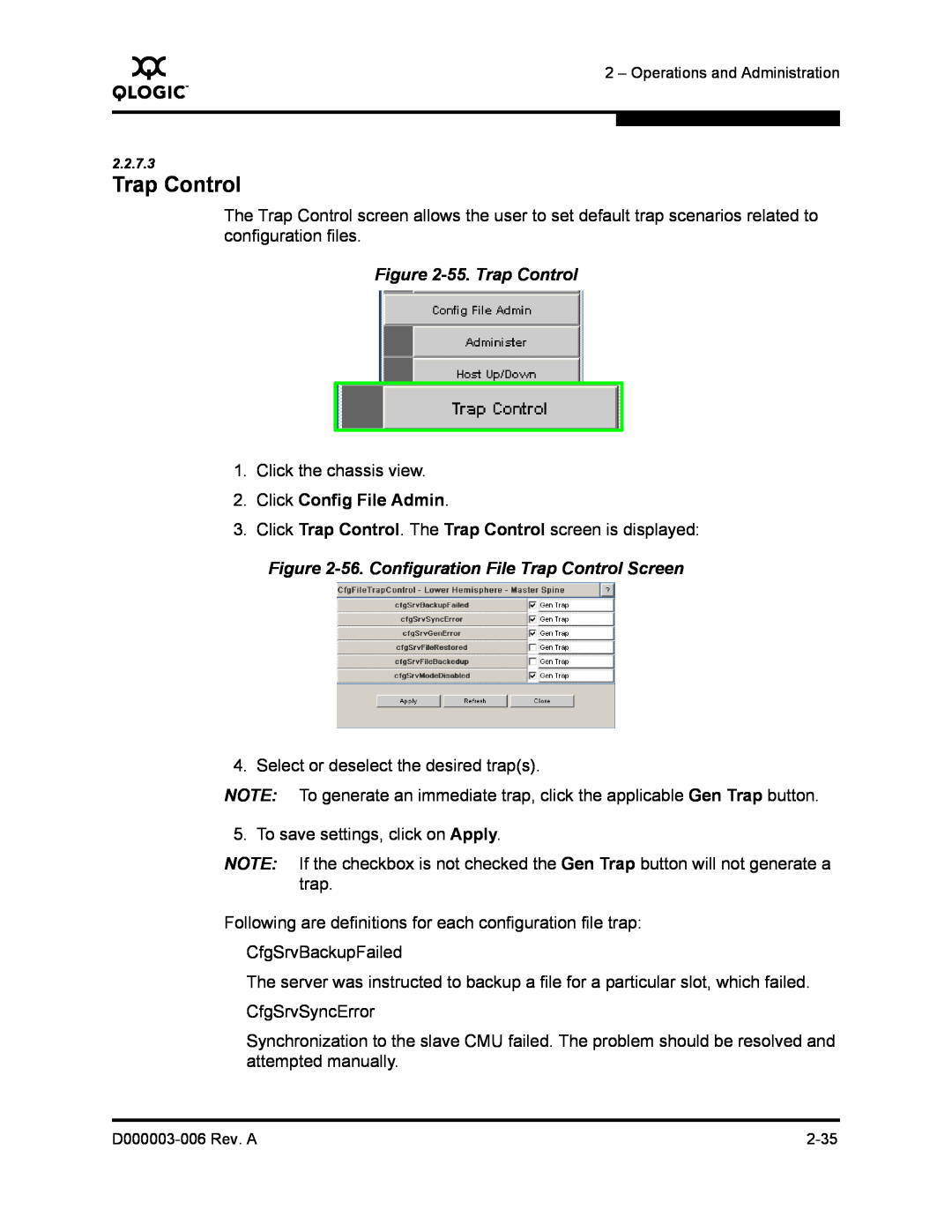 Q-Logic 9000 manual 55. Trap Control, 56. Configuration File Trap Control Screen, Click Config File Admin 