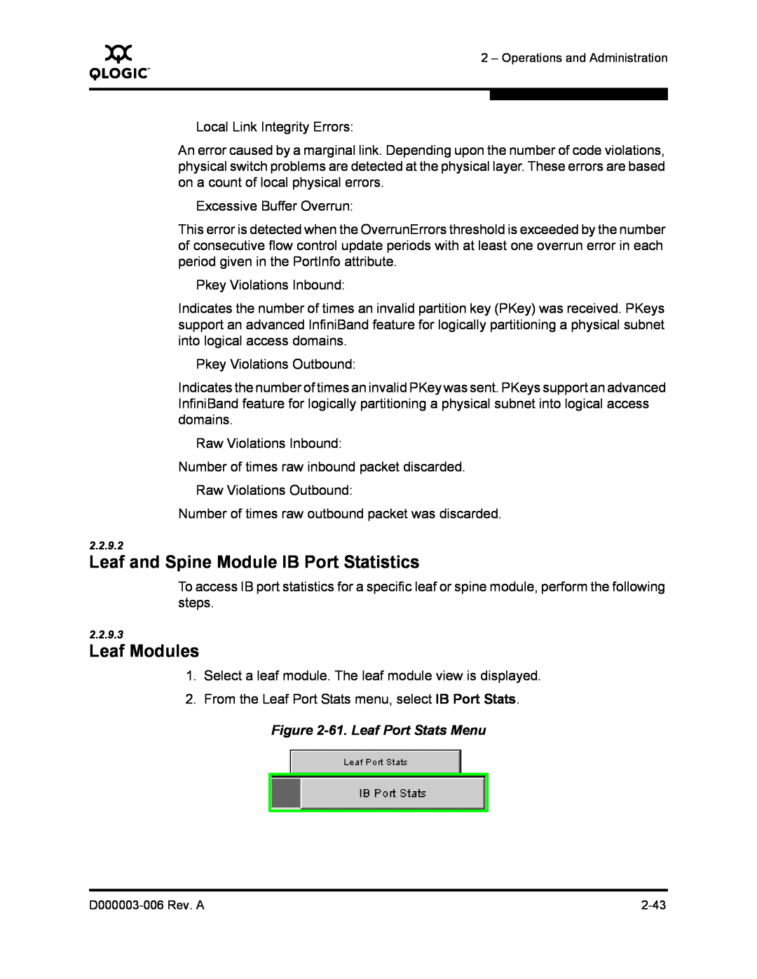 Q-Logic 9000 manual Leaf and Spine Module IB Port Statistics, Leaf Modules, 61. Leaf Port Stats Menu 