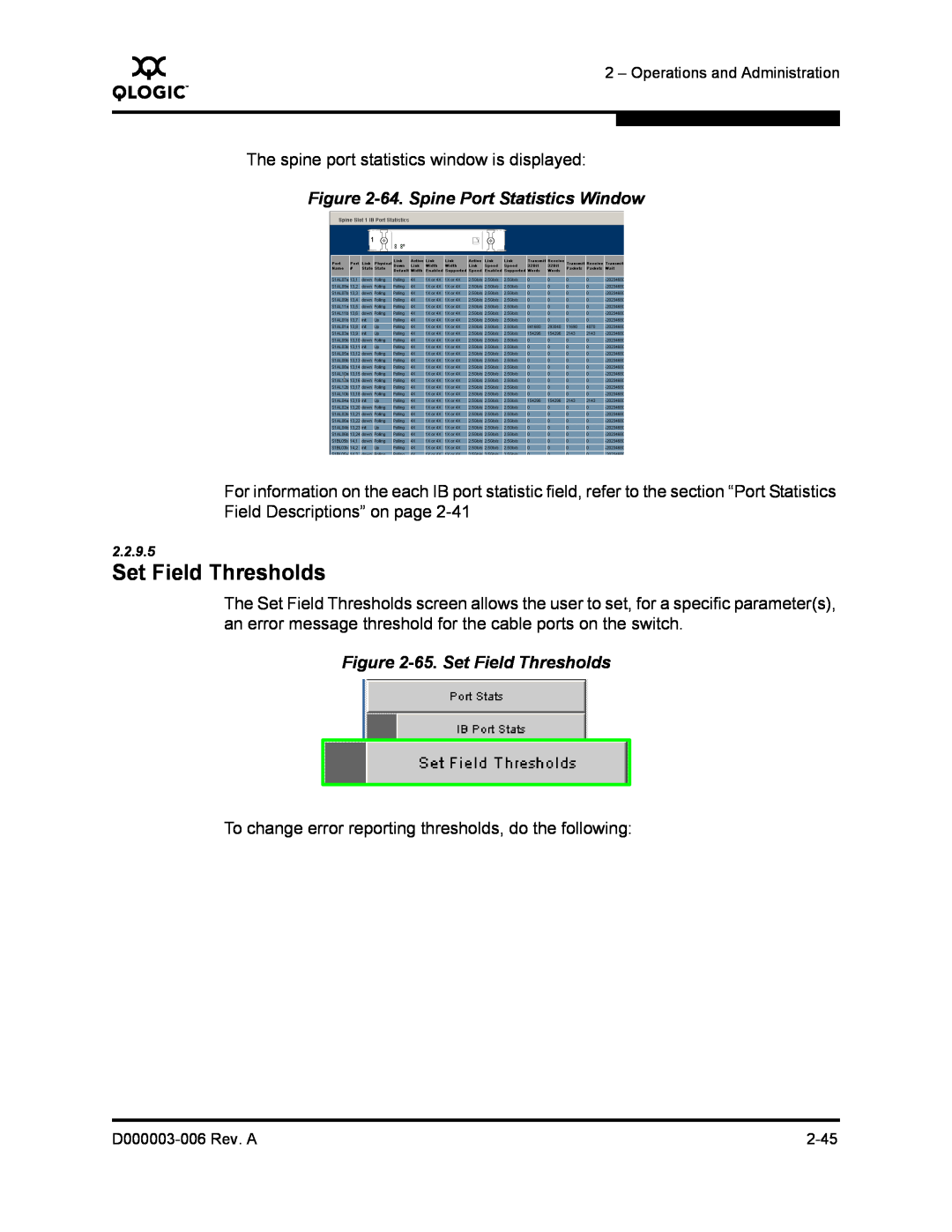 Q-Logic 9000 manual 64. Spine Port Statistics Window, 65. Set Field Thresholds 