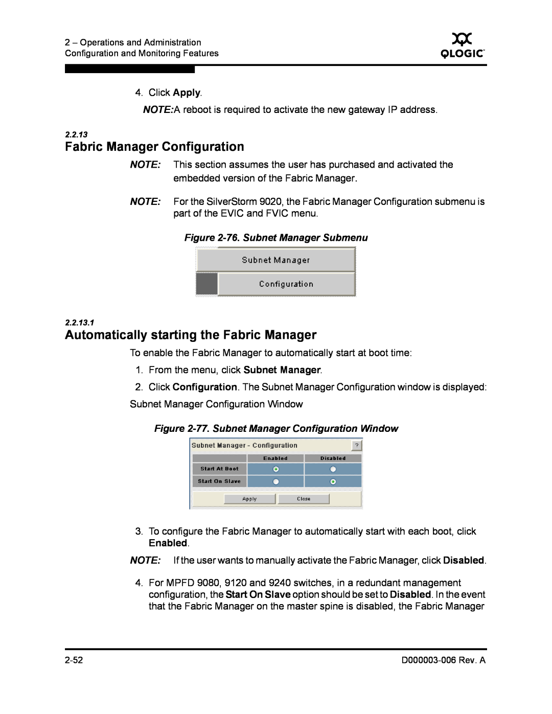 Q-Logic 9000 manual Fabric Manager Configuration, Automatically starting the Fabric Manager, 76. Subnet Manager Submenu 