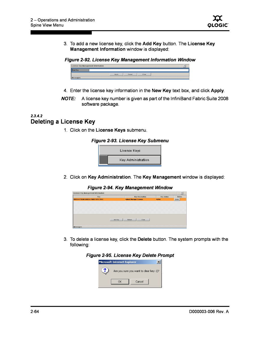 Q-Logic 9000 manual Deleting a License Key, 92. License Key Management Information Window, 93. License Key Submenu 