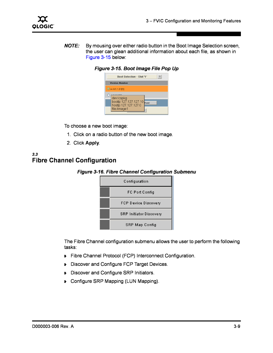 Q-Logic 9000 manual 15. Boot Image File Pop Up, 16. Fibre Channel Configuration Submenu 