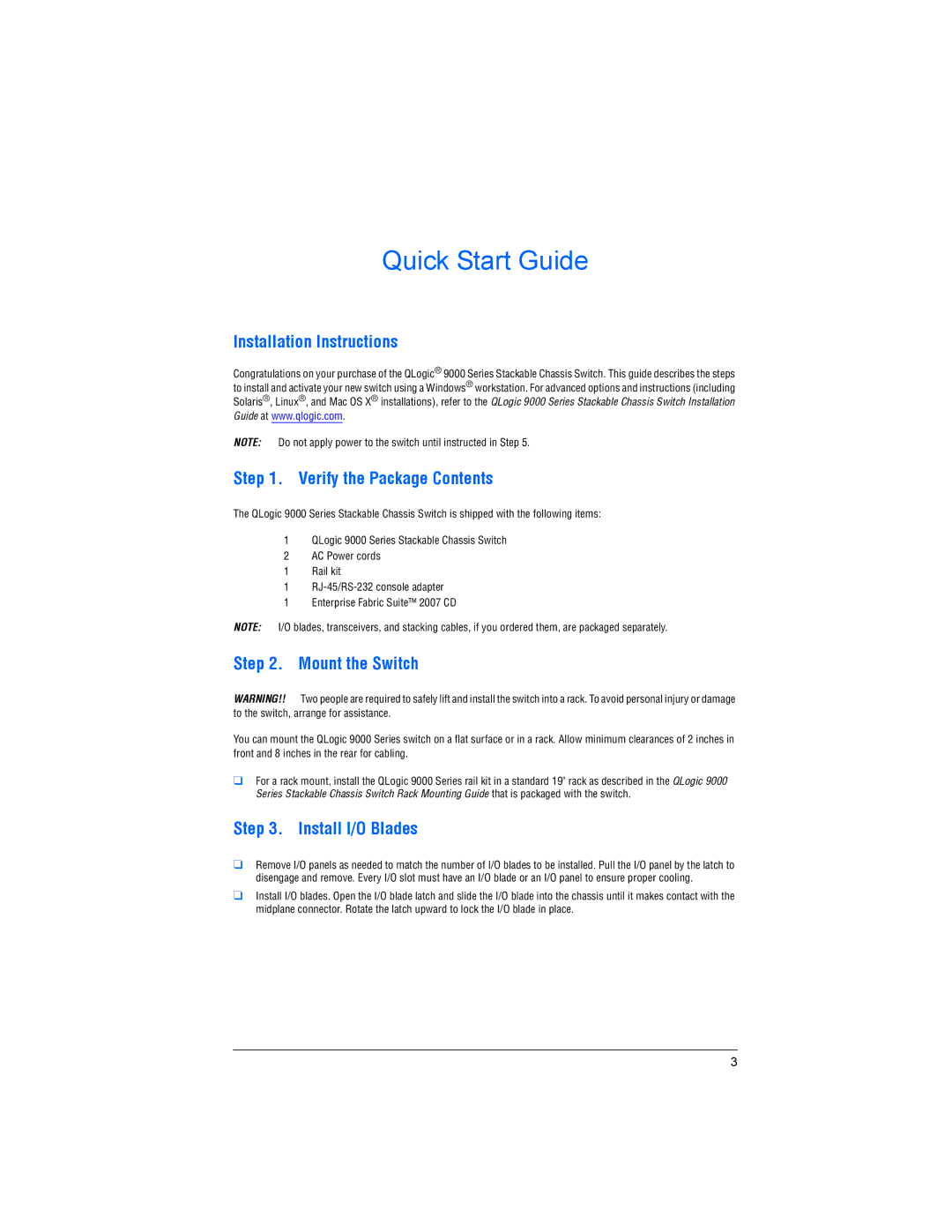 Q-Logic 9000 quick start Installation Instructions, Verify the Package Contents, Mount the Switch, Install I/O Blades 