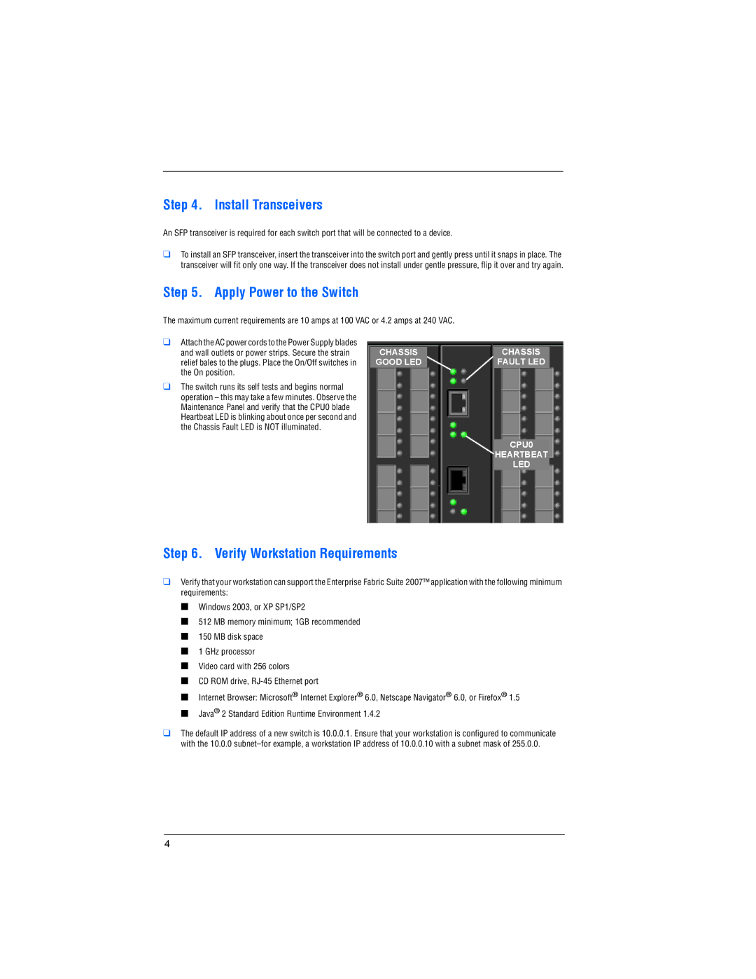 Q-Logic 9000 quick start Install Transceivers, Apply Power to the Switch, Verify Workstation Requirements 