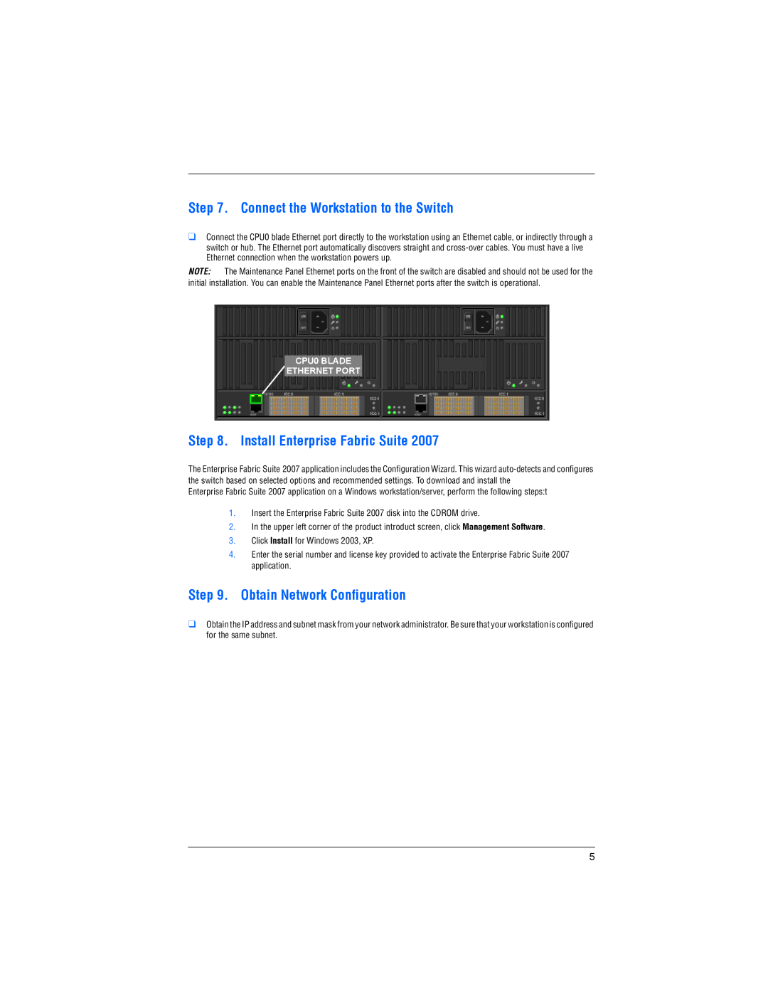 Q-Logic 9000 Connect the Workstation to the Switch, Install Enterprise Fabric Suite, Obtain Network Configuration 