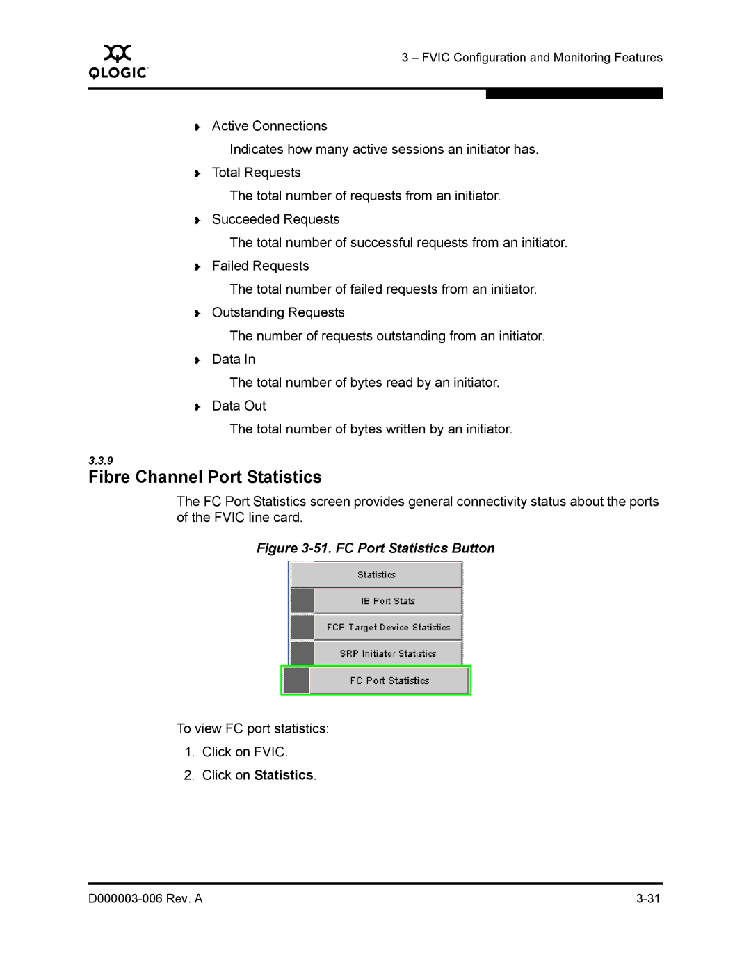 Q-Logic 9000 manual Fibre Channel Port Statistics, FC Port Statistics Button 