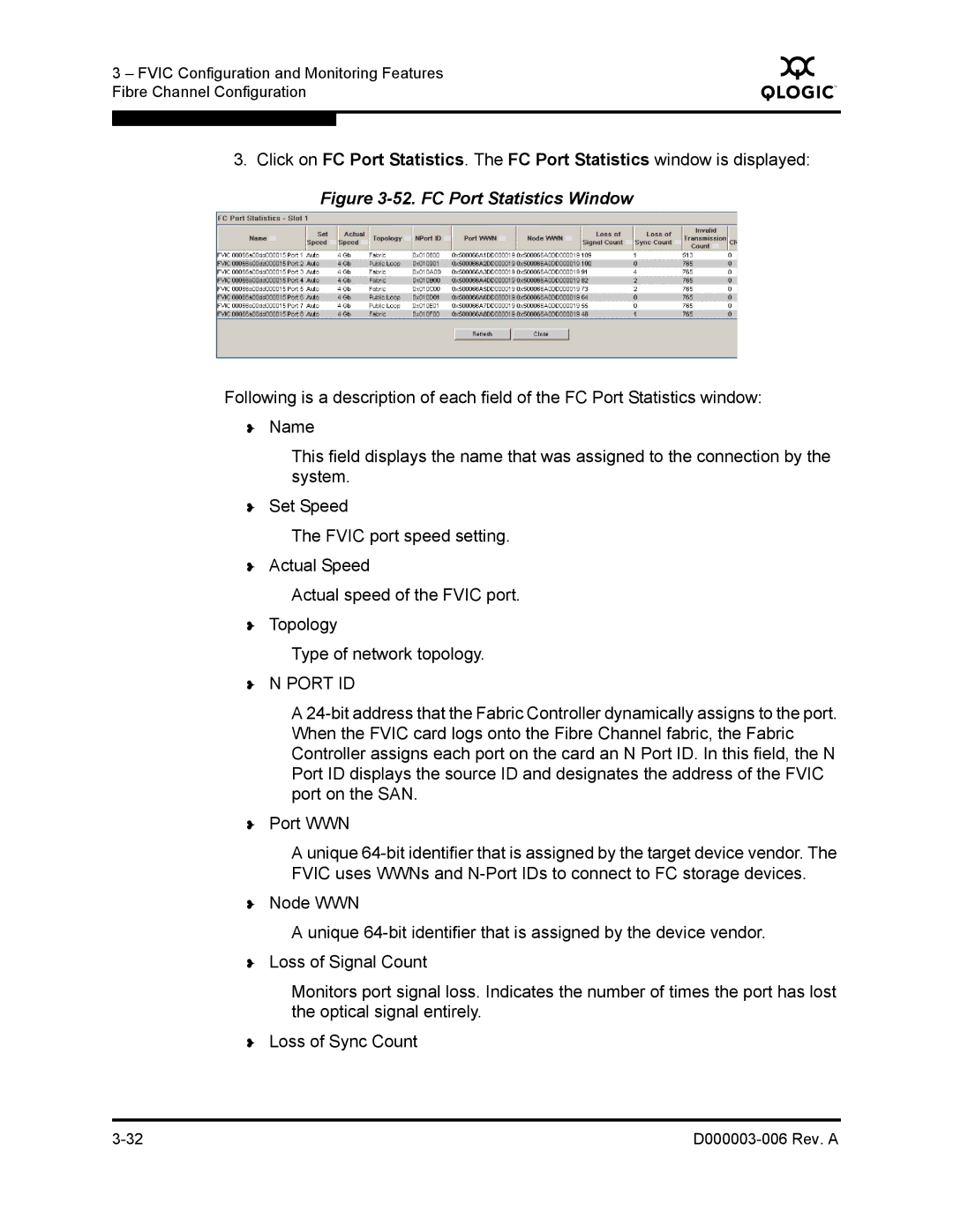 Q-Logic 9000 manual FC Port Statistics Window 