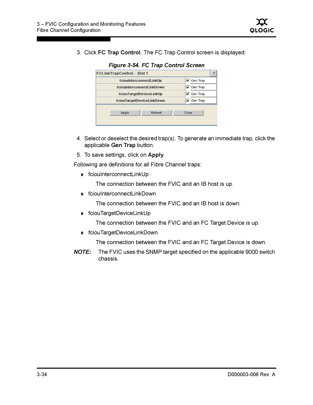 Q-Logic 9000 manual FC Trap Control Screen 