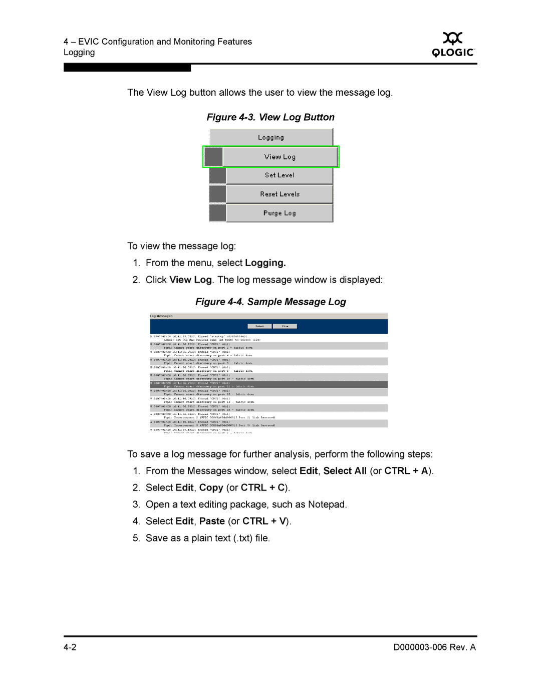 Q-Logic 9000 manual Evic Configuration and Monitoring Features Logging 