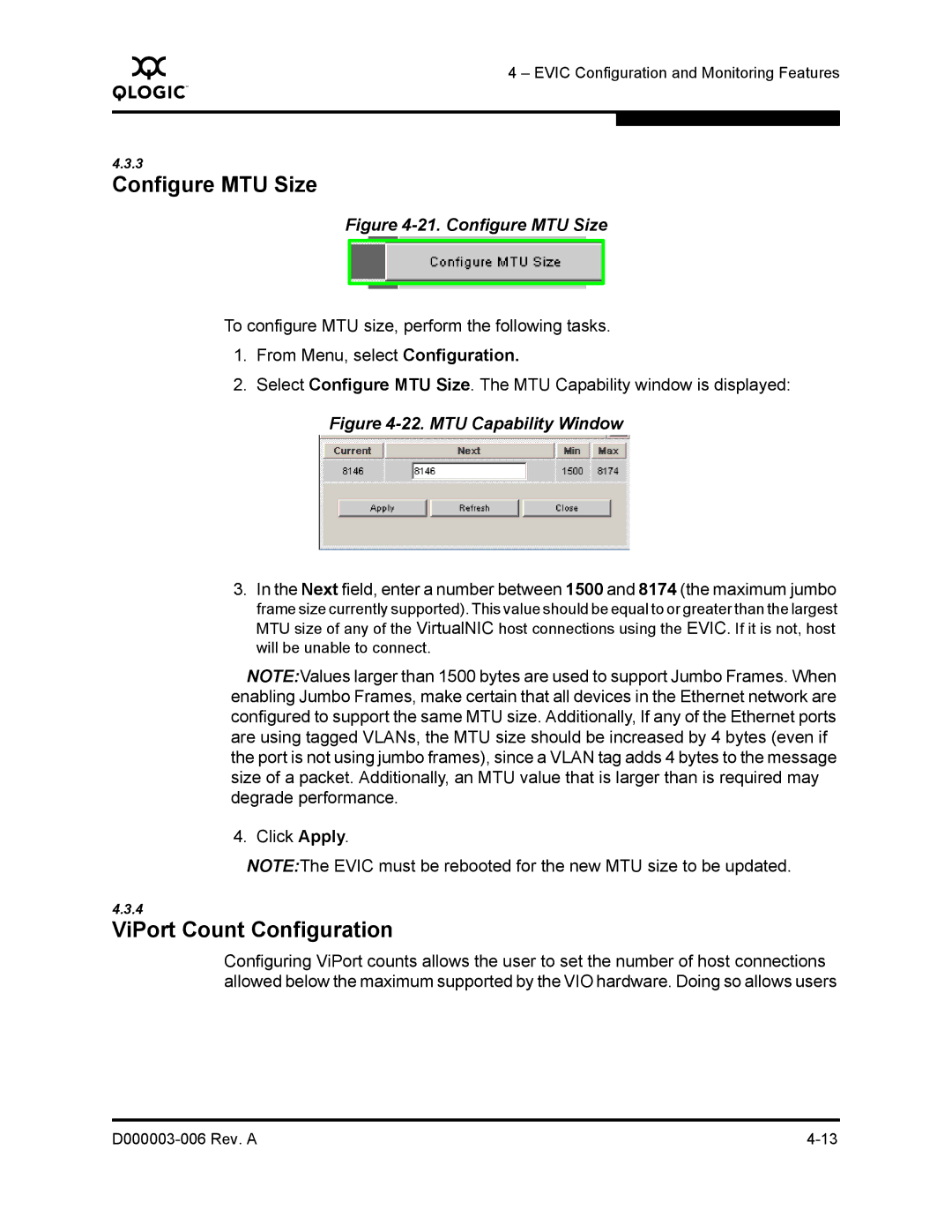 Q-Logic 9000 manual Configure MTU Size, ViPort Count Configuration 