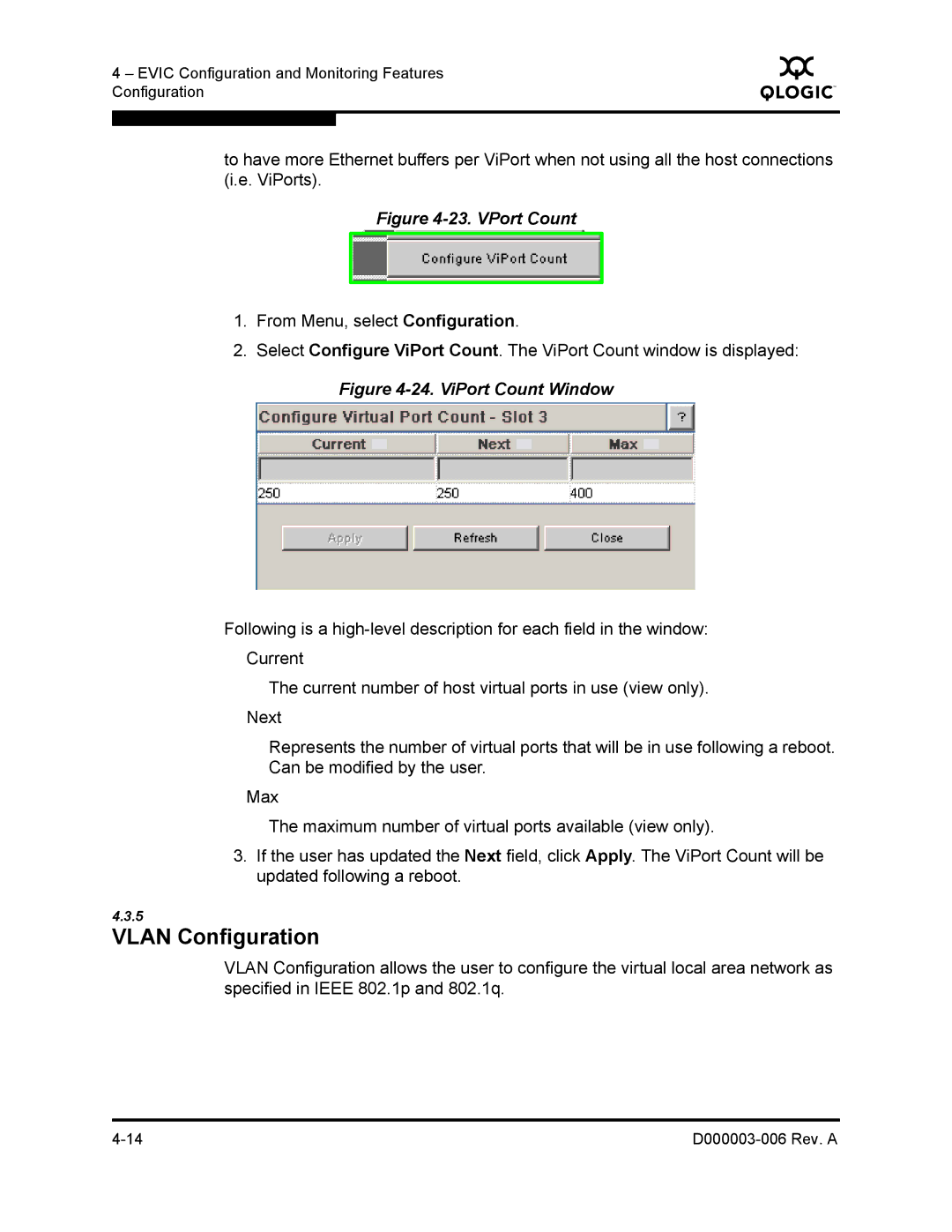 Q-Logic 9000 manual Vlan Configuration, VPort Count 