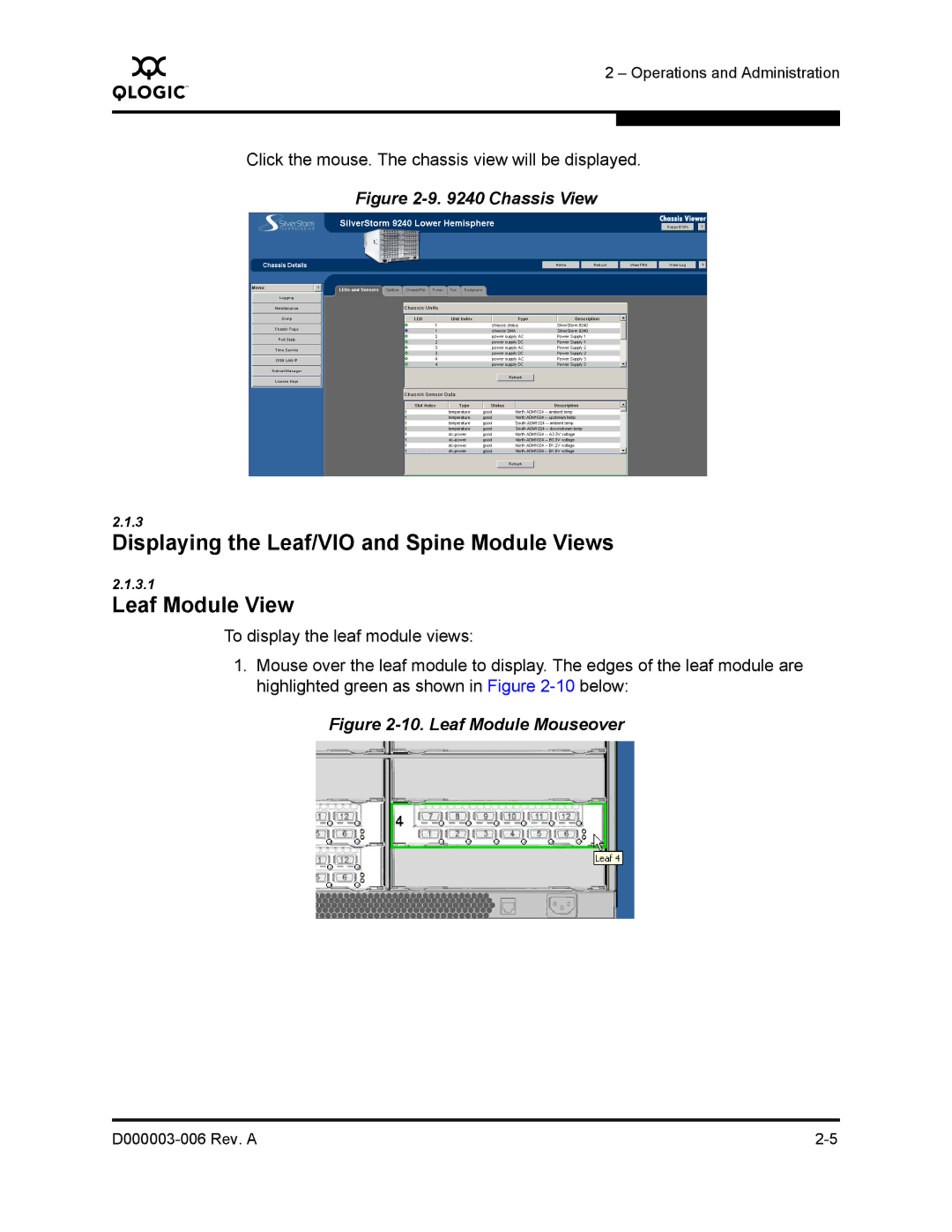 Q-Logic 9000 manual Displaying the Leaf/VIO and Spine Module Views, Leaf Module View 