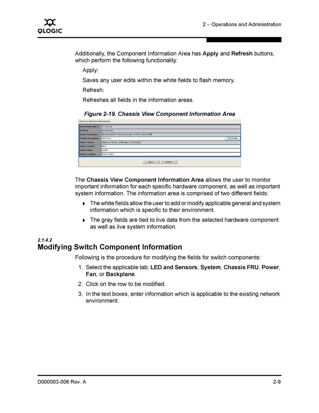 Q-Logic 9000 manual Modifying Switch Component Information, Chassis View Component Information Area 