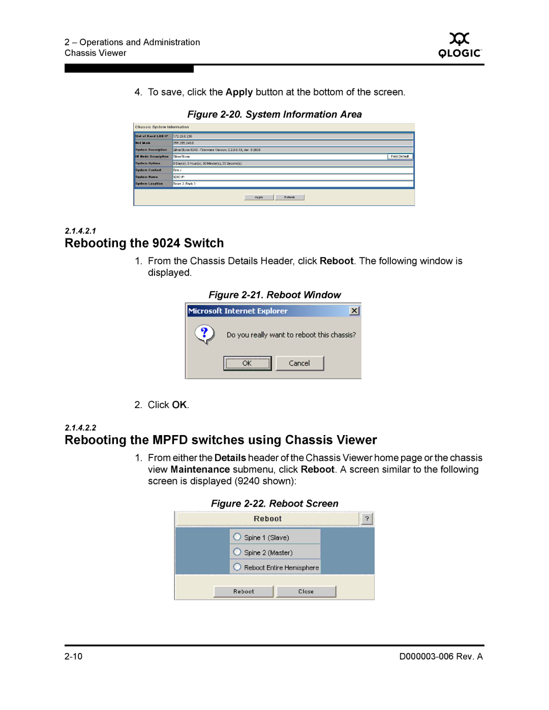 Q-Logic 9000 manual Rebooting the 9024 Switch, Rebooting the Mpfd switches using Chassis Viewer 