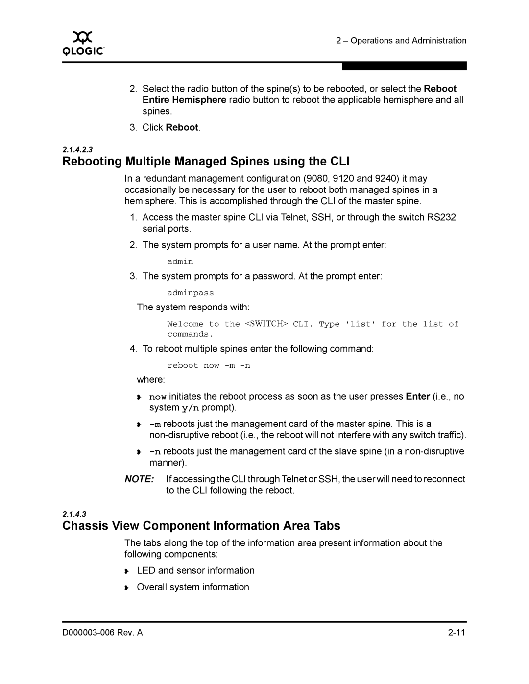 Q-Logic 9000 manual Rebooting Multiple Managed Spines using the CLI, Chassis View Component Information Area Tabs 