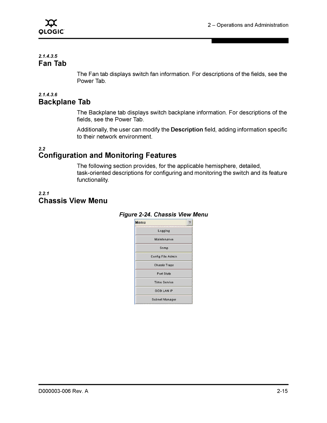 Q-Logic 9000 manual Fan Tab, Backplane Tab, Configuration and Monitoring Features, Chassis View Menu 