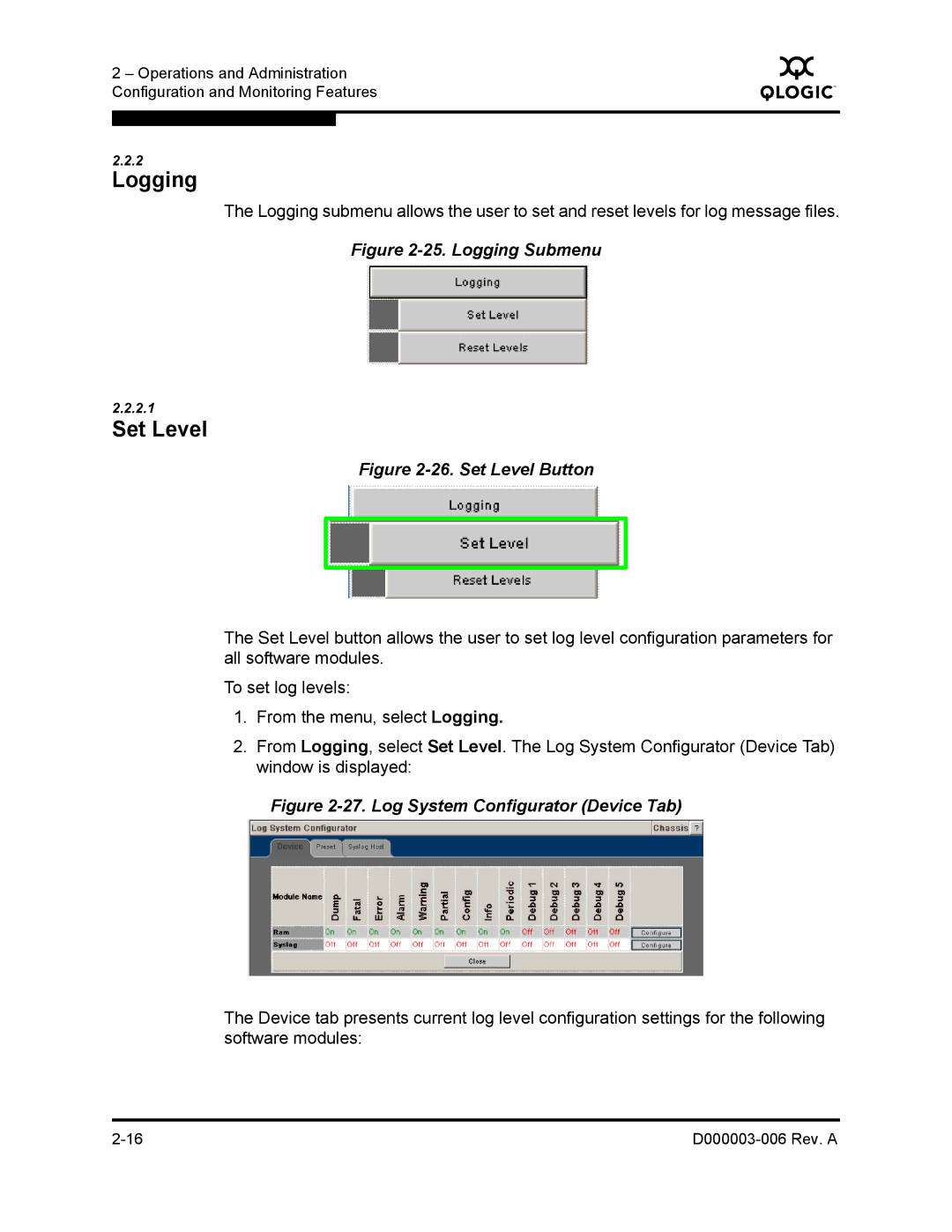 Q-Logic 9000 manual Logging, Set Level 