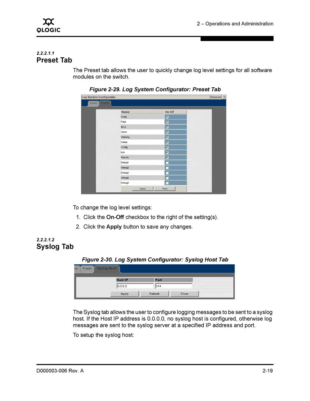 Q-Logic 9000 manual Preset Tab, Syslog Tab 