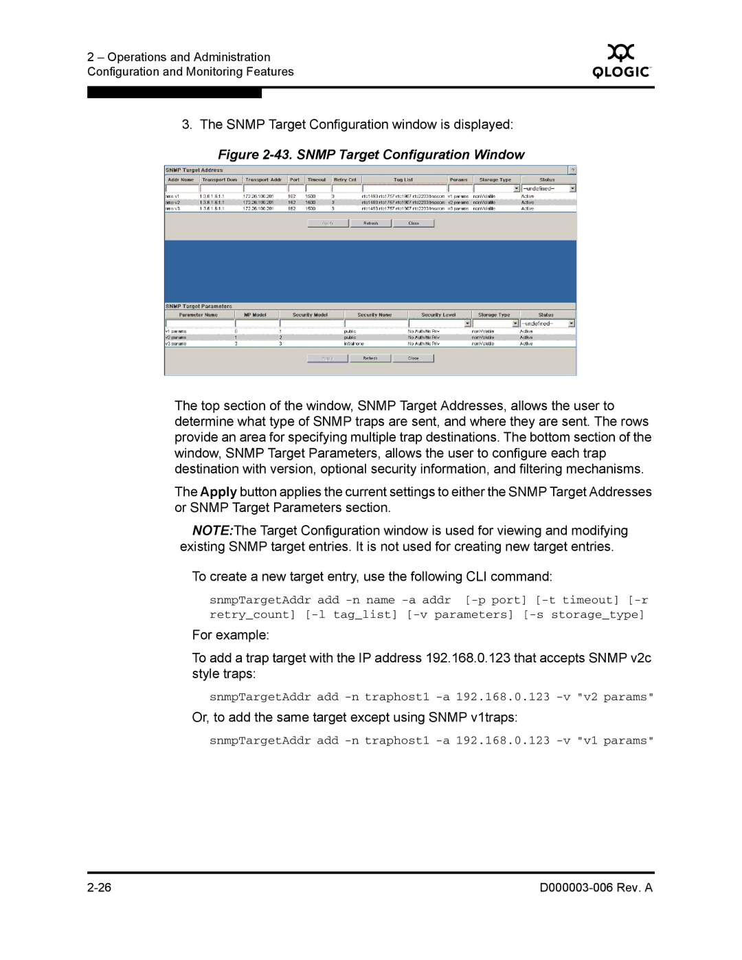 Q-Logic 9000 manual Snmp Target Configuration Window 