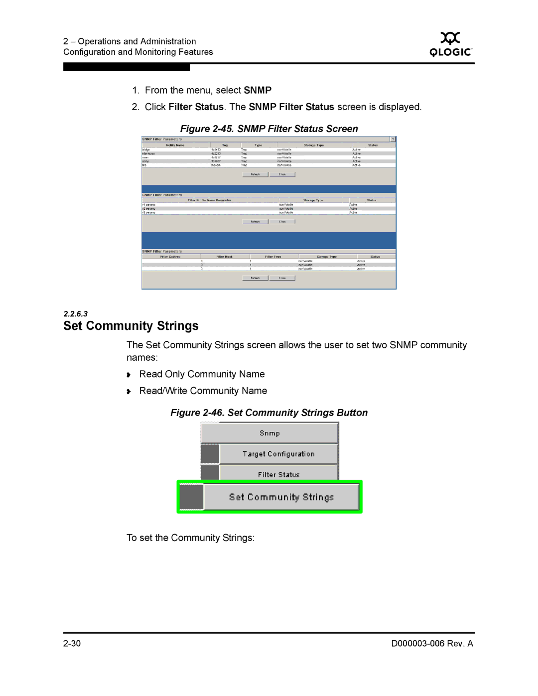 Q-Logic 9000 manual Set Community Strings, Snmp Filter Status Screen 