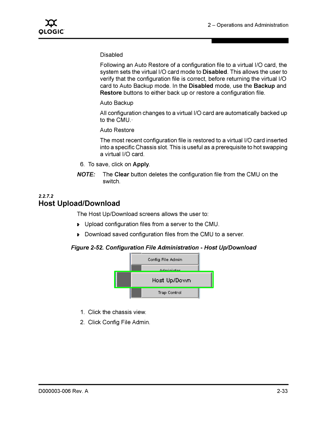 Q-Logic 9000 manual Host Upload/Download, Configuration File Administration Host Up/Download 