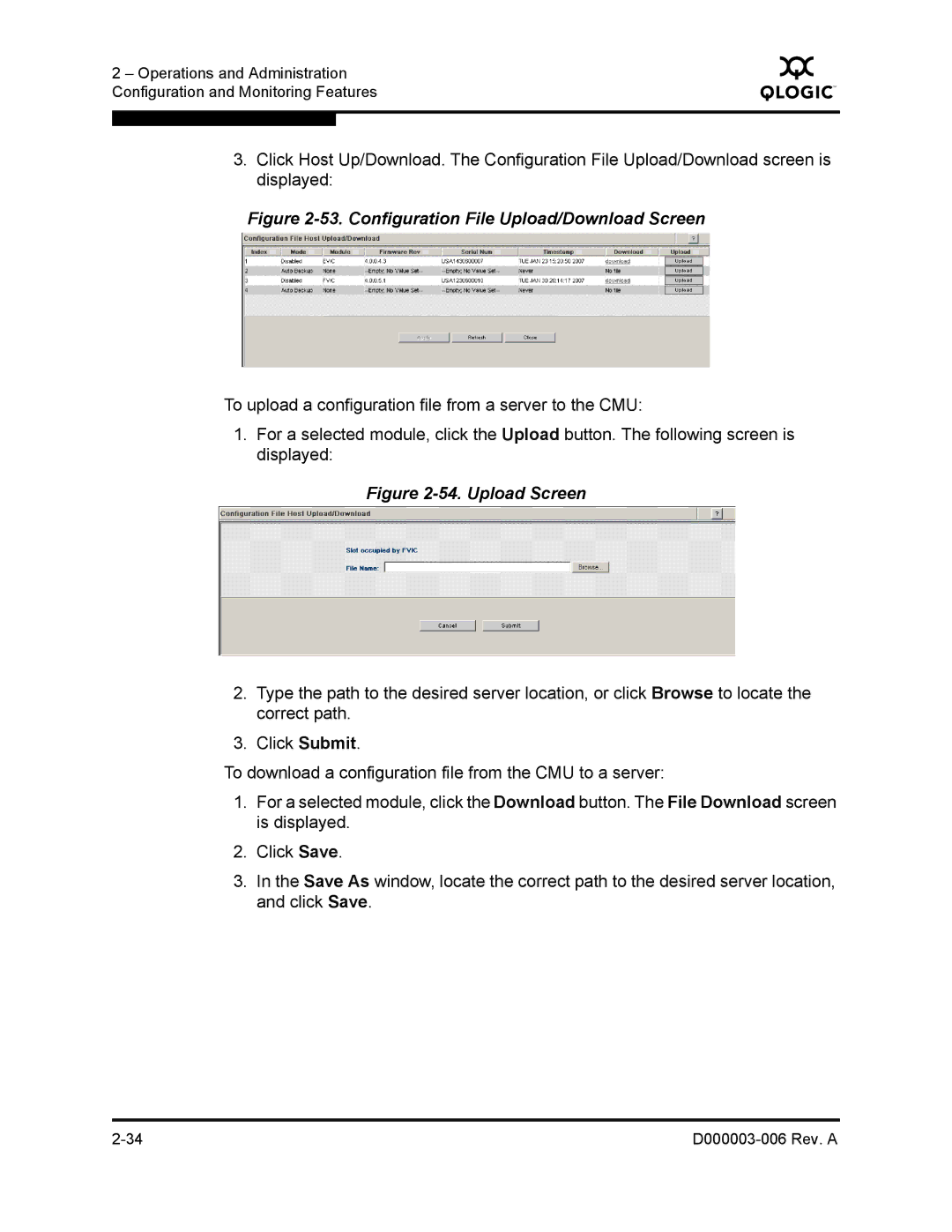 Q-Logic 9000 manual Configuration File Upload/Download Screen 