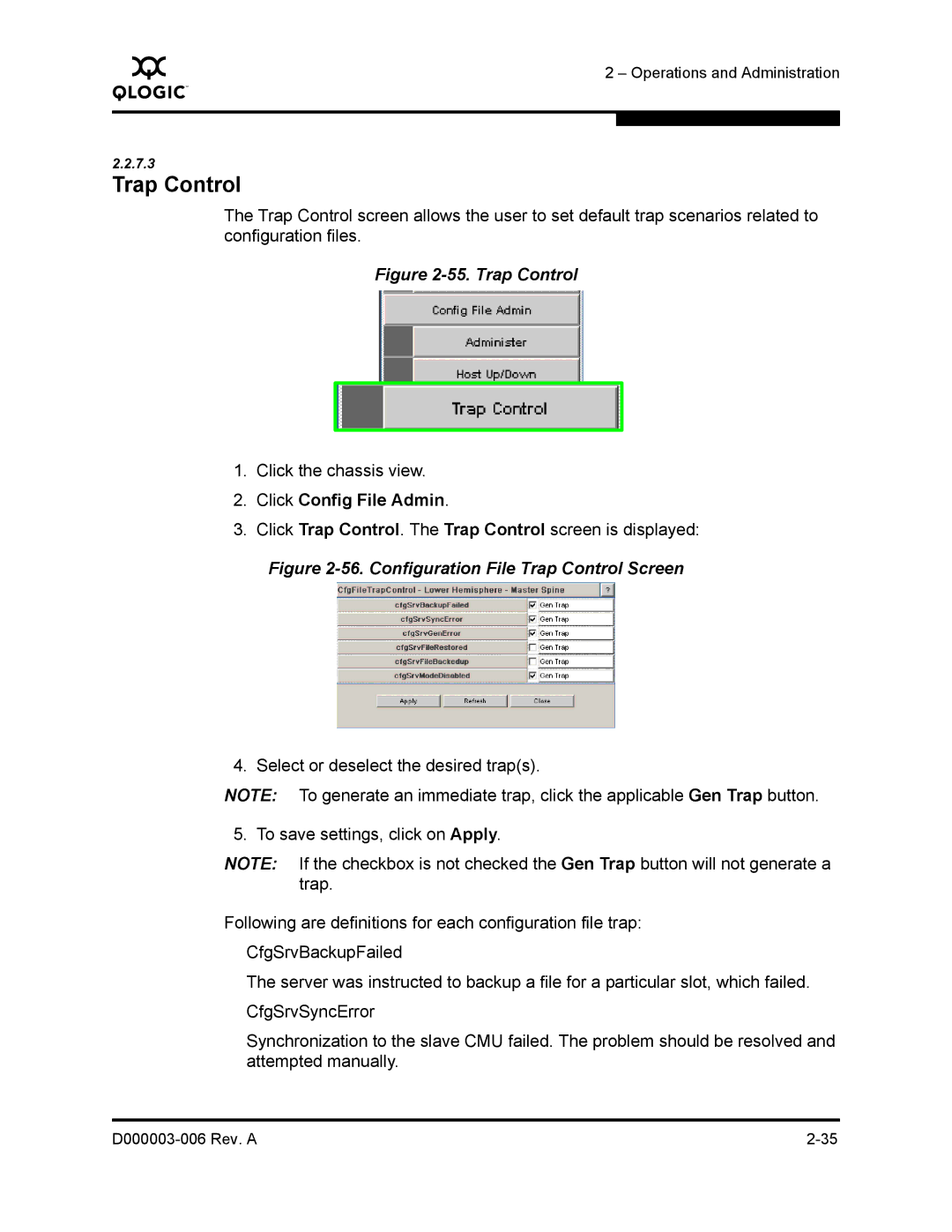 Q-Logic 9000 manual Trap Control, Click Config File Admin 