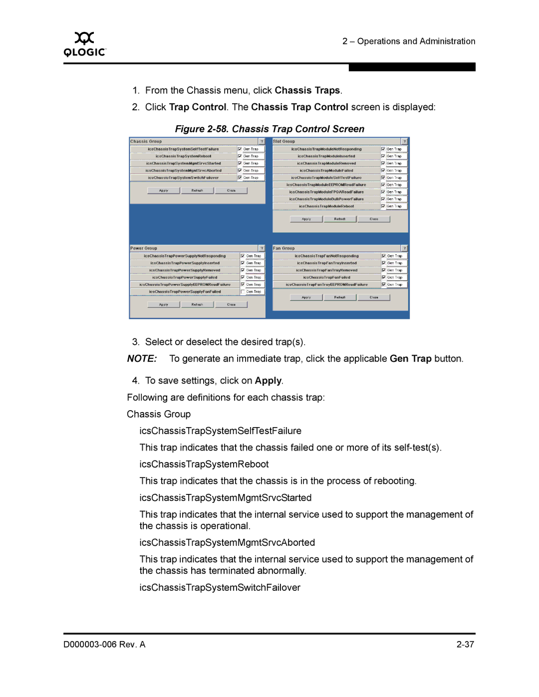 Q-Logic 9000 manual Chassis Trap Control Screen 