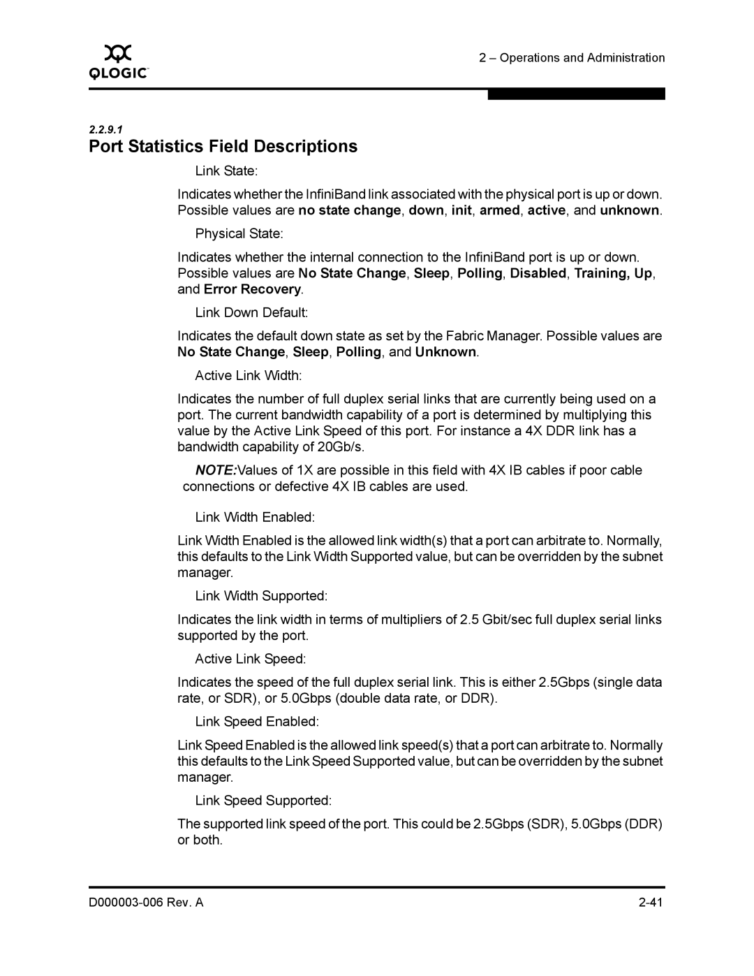 Q-Logic 9000 manual Port Statistics Field Descriptions, Link State 