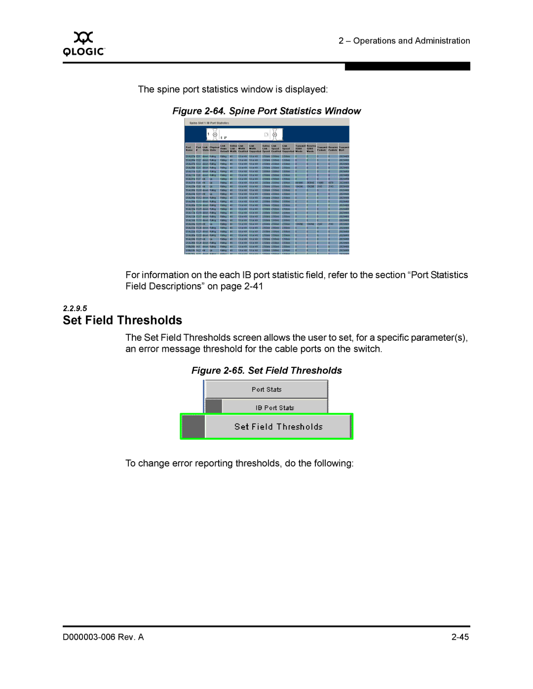 Q-Logic 9000 manual Set Field Thresholds, Spine Port Statistics Window 