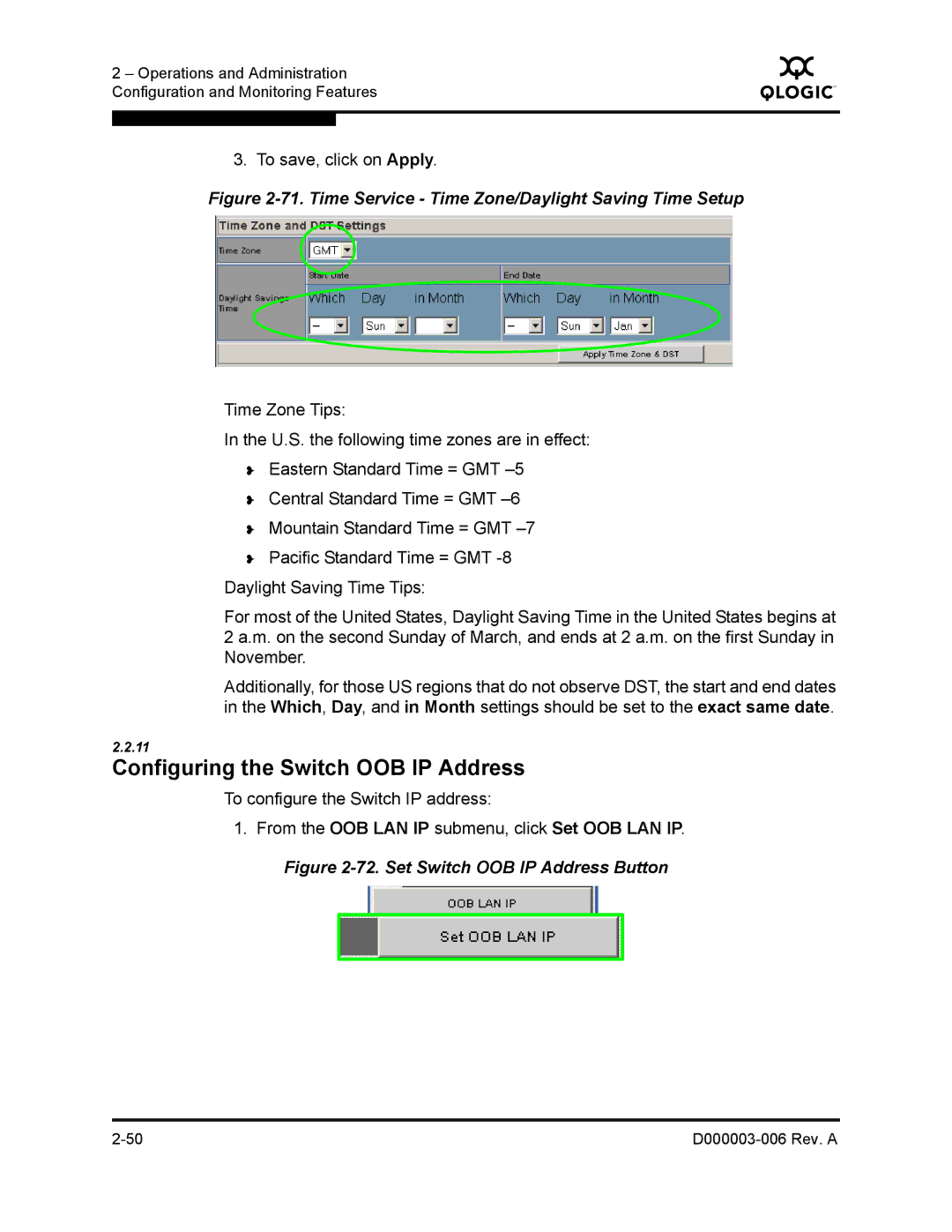 Q-Logic 9000 manual Configuring the Switch OOB IP Address, Time Service Time Zone/Daylight Saving Time Setup 