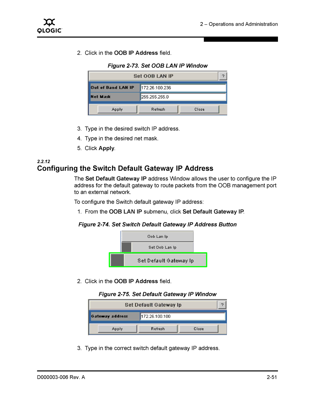 Q-Logic 9000 Configuring the Switch Default Gateway IP Address, From the OOB LAN IP submenu, click Set Default Gateway IP 