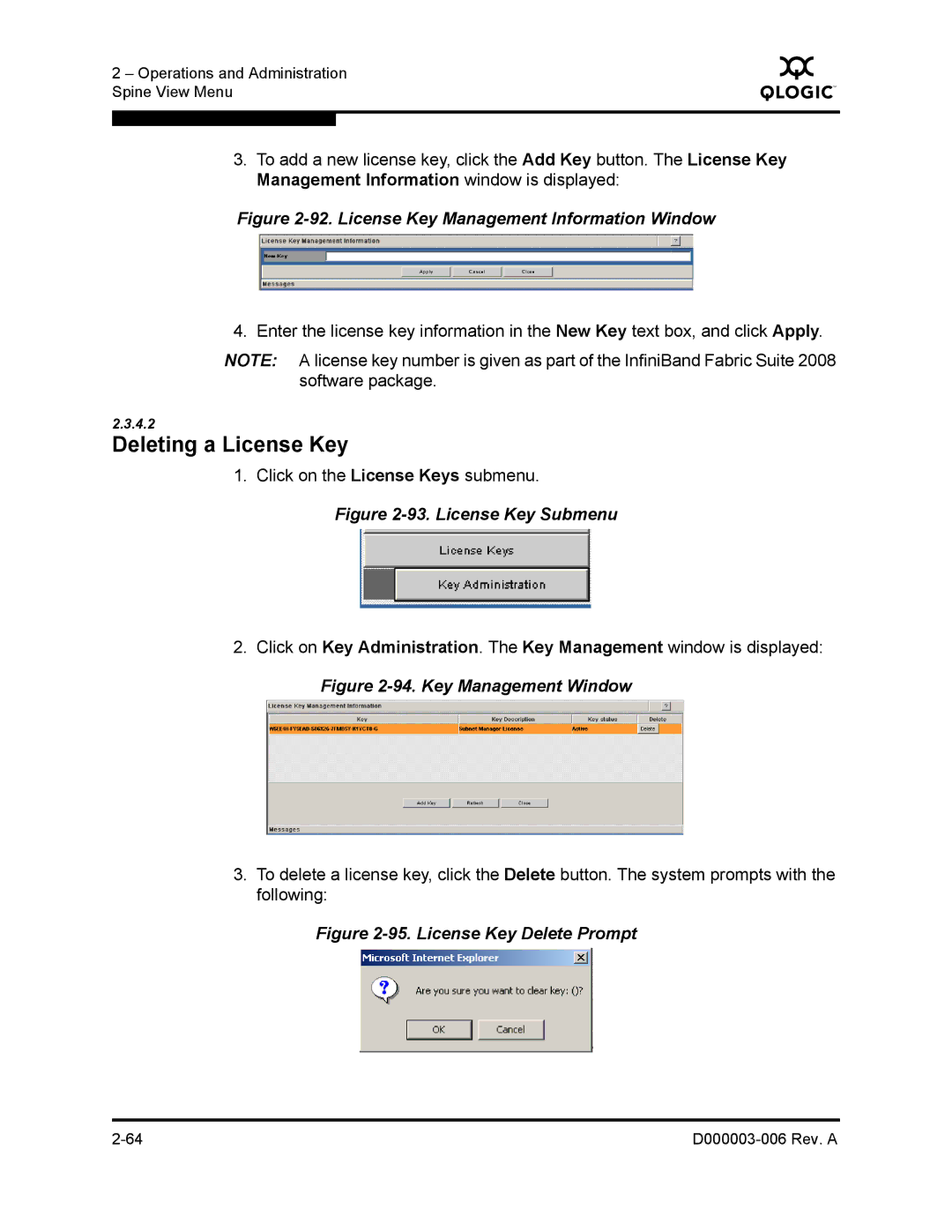 Q-Logic 9000 manual Deleting a License Key, License Key Management Information Window 