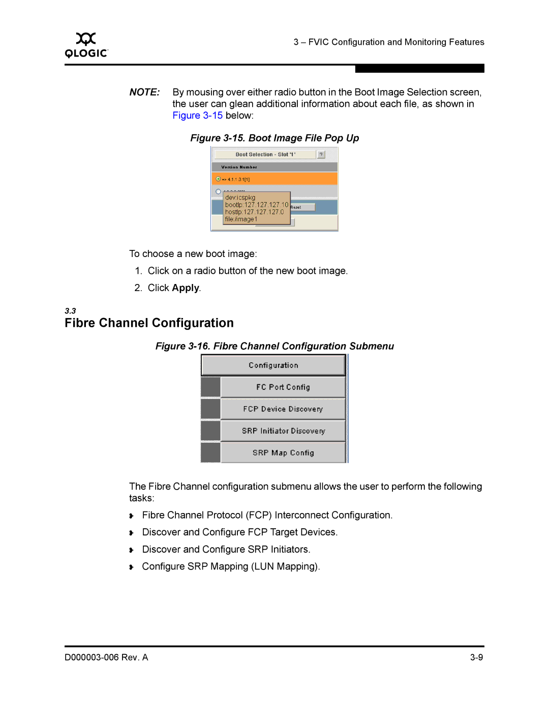 Q-Logic 9000 manual Fibre Channel Configuration, Boot Image File Pop Up 