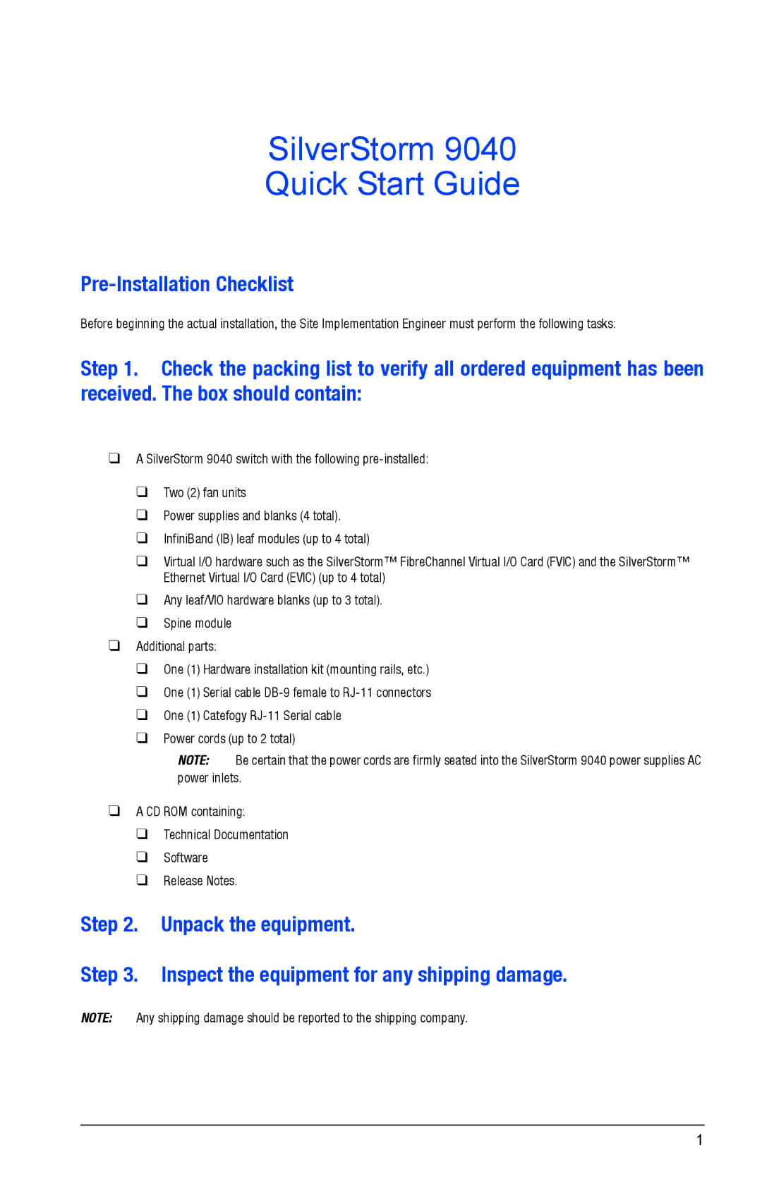 Q-Logic 9040 quick start SilverStorm Quick Start Guide, Pre-Installation Checklist 