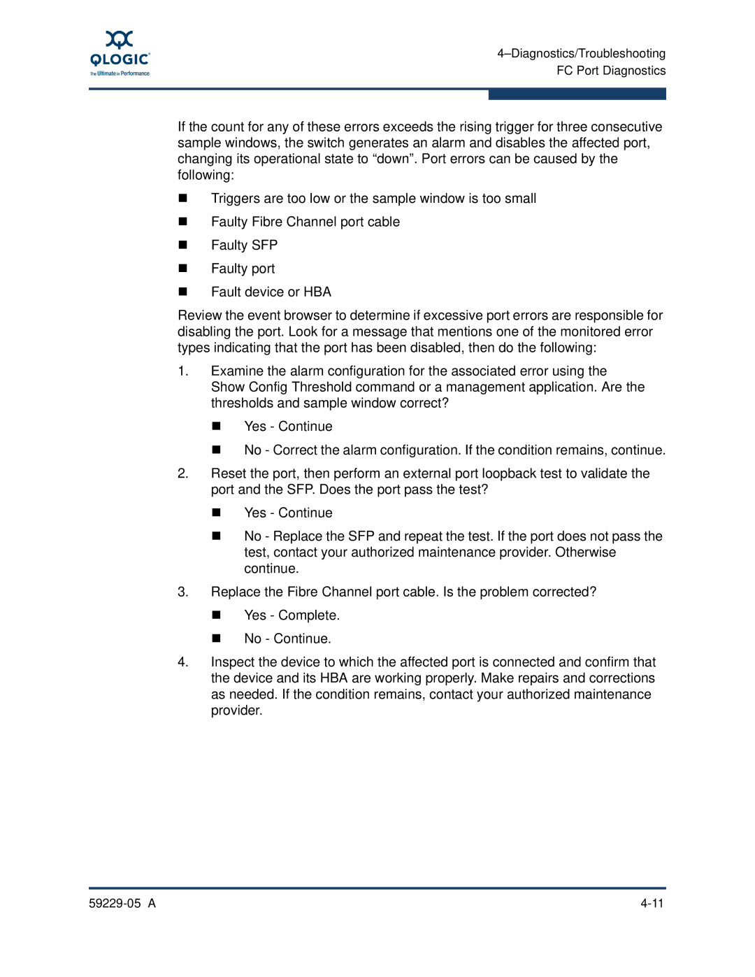 Q-Logic 59229-05 A, 9100 manual Diagnostics/Troubleshooting FC Port Diagnostics 