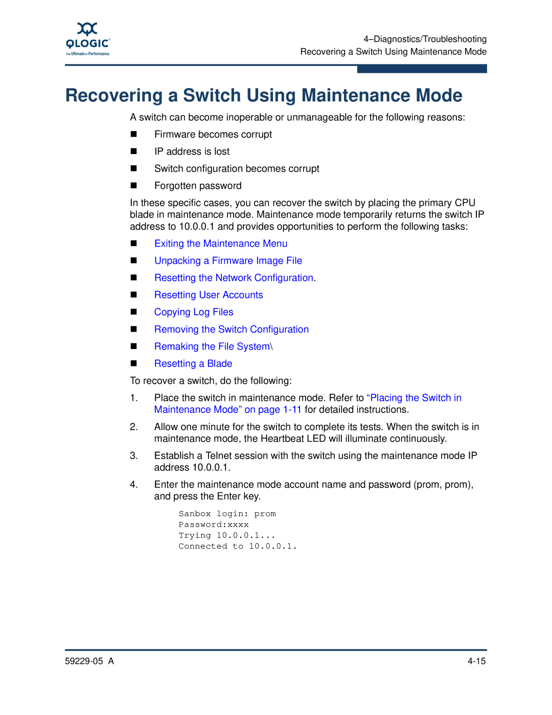 Q-Logic 59229-05 A, 9100 manual Recovering a Switch Using Maintenance Mode 